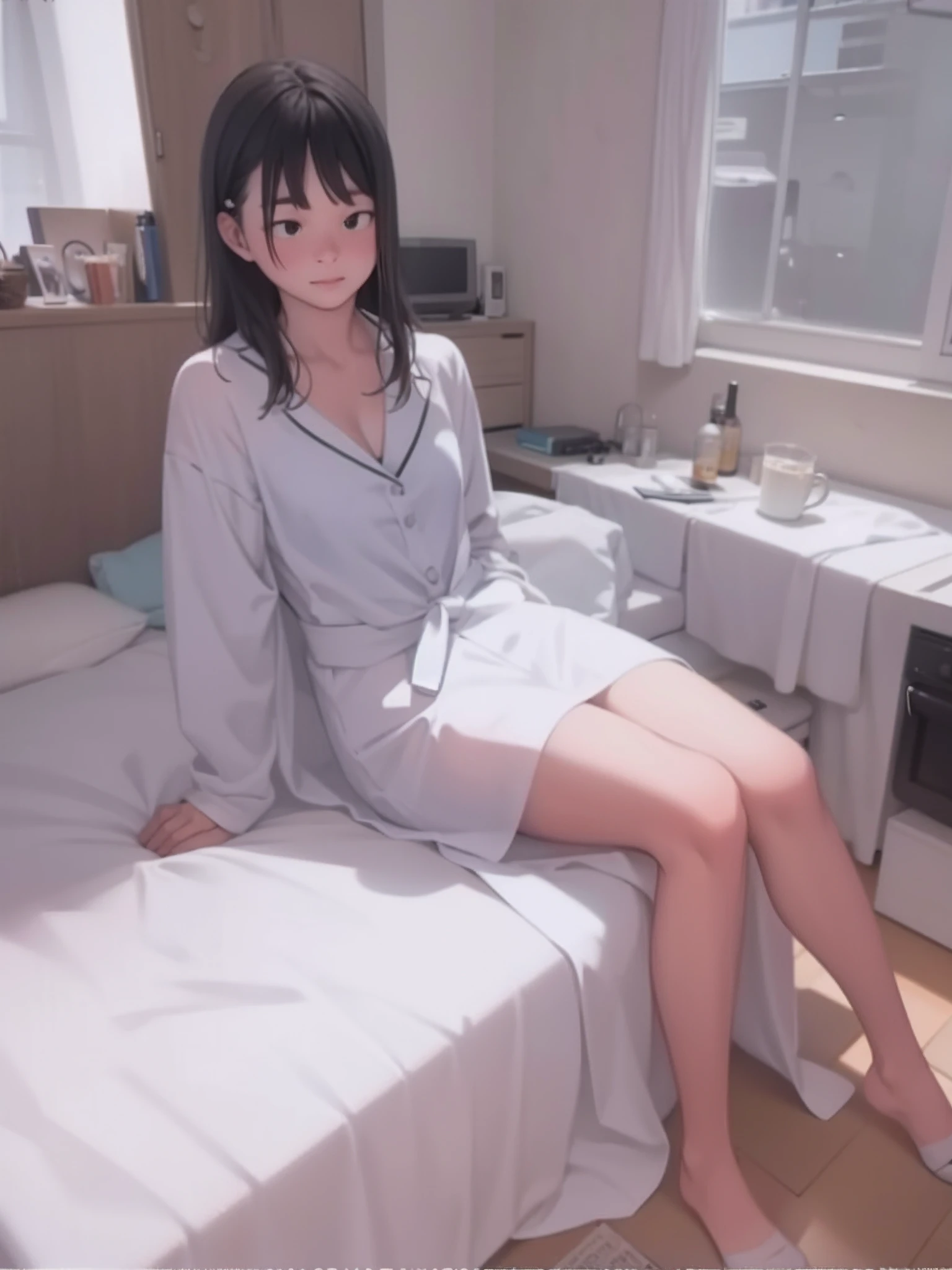 (best quality,masterpiece:1.2),1girl,sitting on a cozy sofa,legs crossed,soft lighting