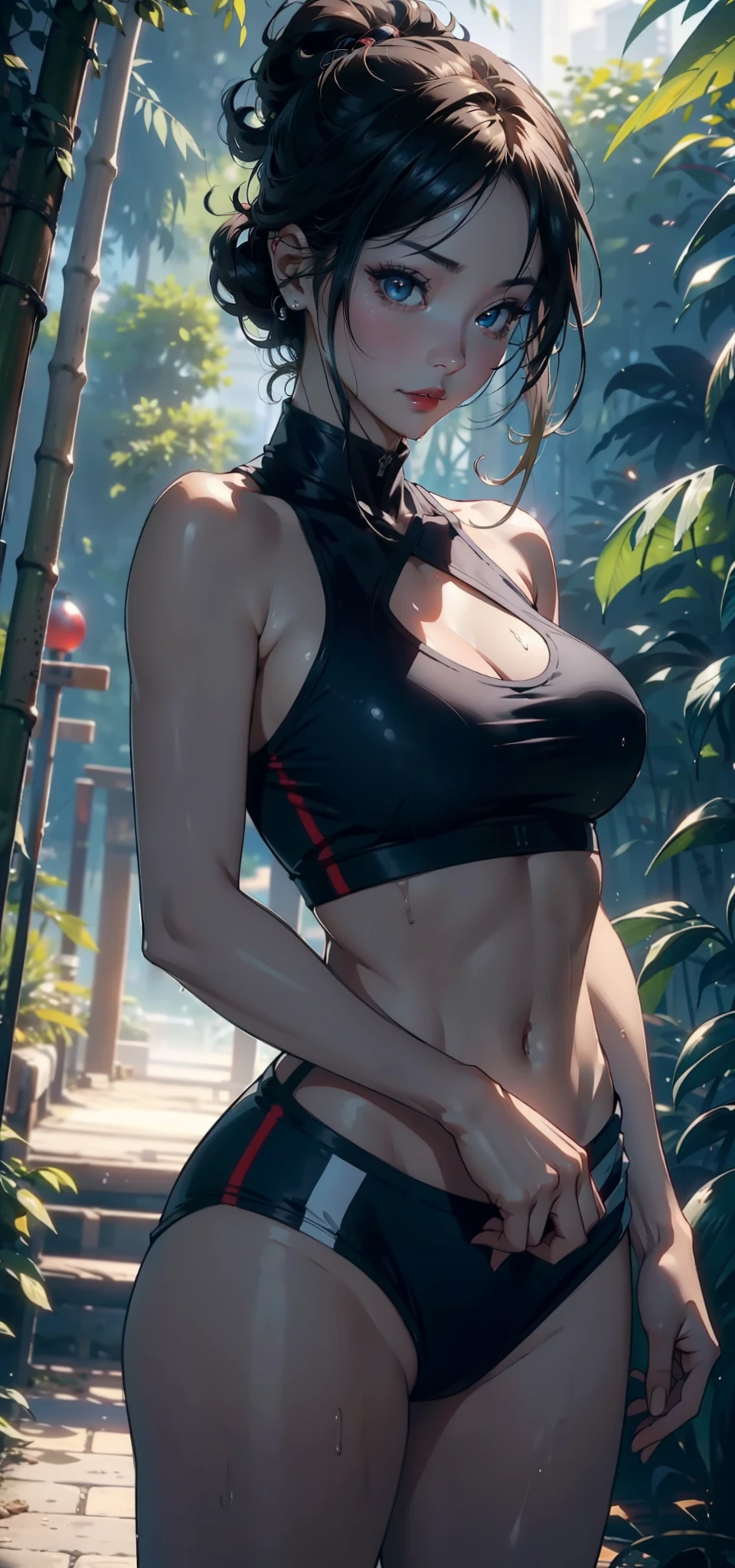 1female,36 years old,熟妇,Bigchest,Pornographic exposure, 独奏,(Background with:bamboo forrest,basketball playground) She has very short blonde hair,bobo head,standing on your feet,Sweat profusely,drenched all over the body,seen from the front, hair straight, mostly cloudy sky,(((tmasterpiece),(Very detailed CG unity 8K wallpaper),best qualtiy,cinmatic lighting,detailed back ground,beatiful detailed eyes,Bright pupils,(Very fine and beautiful),(Beautiful and detailed eye description),Black eyes,Redlip,ultra - detailed,tmasterpiece,)),facing at camera,(The upper part of the body),A high resolution,ultra - detailed),showing midriff,revealing breasts,Bare genitalia, Bulge,legs are open,sexyposture,Camel toes,Flushed complexion,ssmile,frontage,cropped shoulders,(Wearing:Sexy transparent one-piece sportswear set,athletic sneakers)