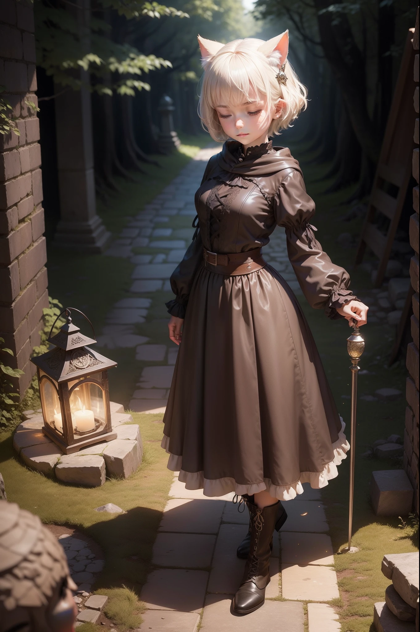 2023/08/26 18:37:29
Best image quality、​masterpiece、Leyendecker's style、Fantasy 3D、The underground maze of the old castle、Nordic beautiful girl、Eyes closed、Smirking expression、Pretty small face、Light makeup、Two cat ears on the head、Platinum blonde short hair、tiny chest、short waist、Big ass、Sit in a crumbling stone walkway、alchemist、Full body like、She holds a magic wand in her right hand、Control the glowing ball with your left hand、Gothic dress with long sleeves、long  skirt、Leather boots、A faceless figure wearing a hood is standing、holding lantern、There are a lot of glowing spheres、rubble、thirds rule、Ultra-wide low-angle、in woods、Bonfire light、