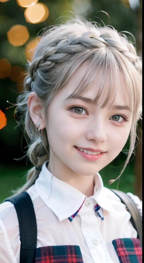 (ultra-detailliert), Tartan check jacket,high-school uniform、Blue eyes,The upper part of the body、Center of the screen、a closeup、faces、(A smile:1.5),(facing front:1.2), 20yr old, teens girl,no tail,(no tail),2D, ​masterpiece, top-quality, animesque, A detailed eye, A detailed face, girl with, Only 1 person,Silver medium hair, (Silvery head hair),  Ear Hair, small tits, Single braid, (Single braid), (Side braid), Pink ribbon, Ribbon around the neck, Background bokeh