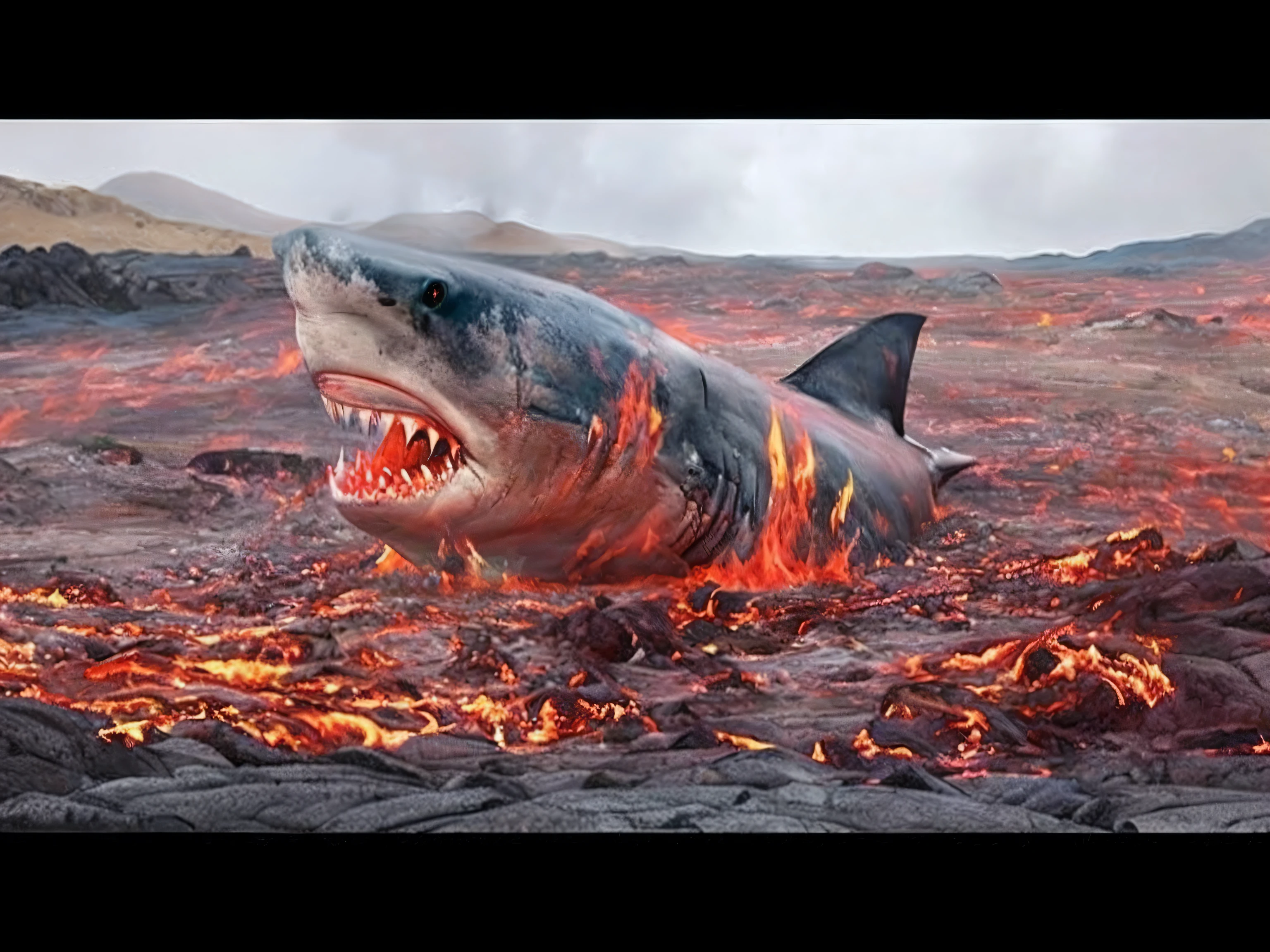 A large shark with a colored band on its body is in the lava, feito de lava, fires!! hiper-realista, lava, Miniatura do YouTube, inferno hiper-realista, Aquarela altamente detalhada 8K, Aquarela altamente detalhada 8 K, lava!!!, fogo reak vida real, super realista", Paisagem infernal real no fundo, arte colorida assustadora em 4K, aterrorizante, mas fascinante