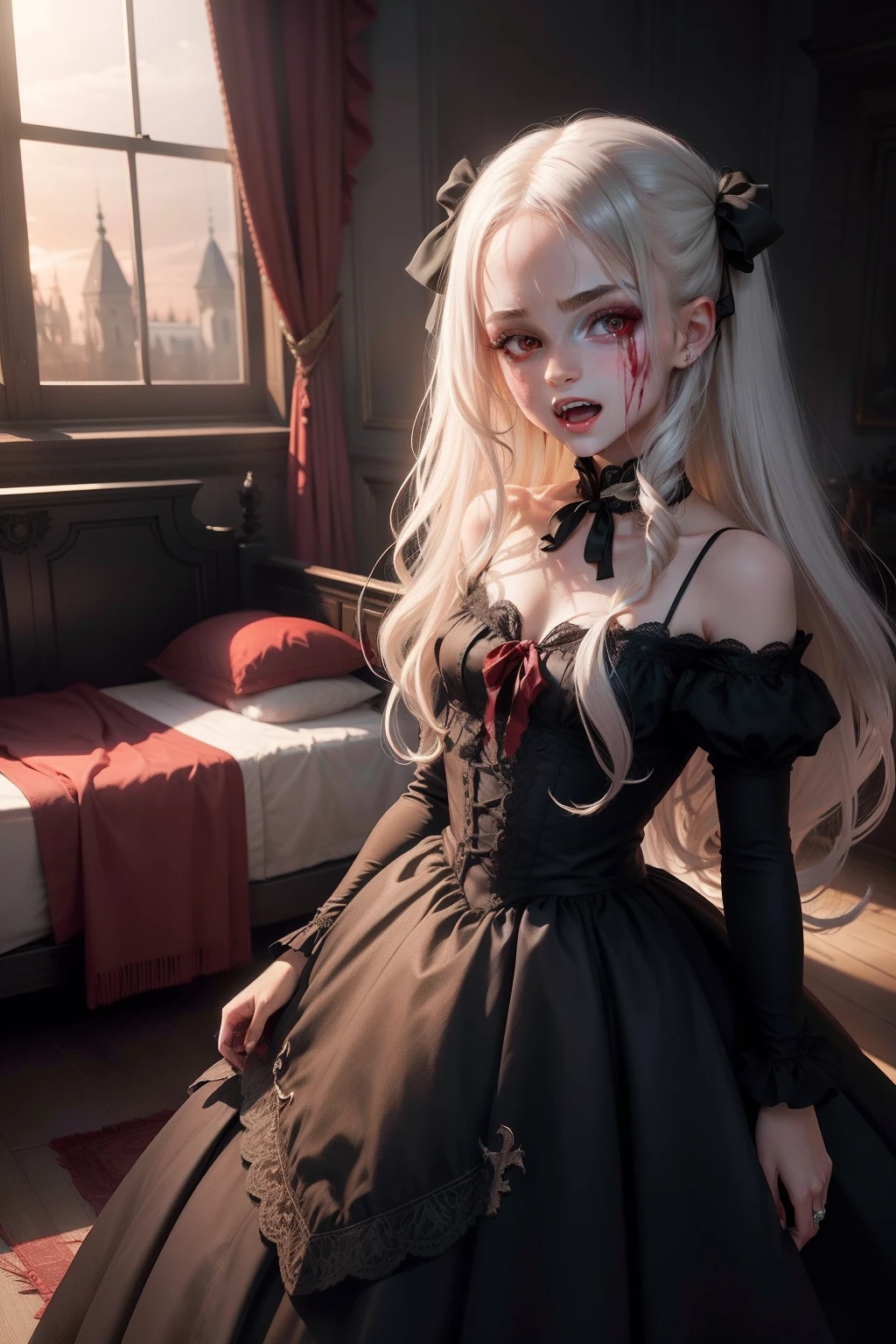 there are many beds around the edge of this room with  asleep, tween Emma Watson as a vampire in middle of the room, red glowing eyes, snarling, open mouth, fangs, fangs protruding, vampire teeth, dark smoky eye makeup, blonde hair, wearing black wedding dress, clawed hands, sunset town background, red roses in hair, blood on face, high definition, detailed, intricate, Blood-red eyes, long canine teeth, There is blood on the teeth, long white hair, blood stains at the corners of the mouth