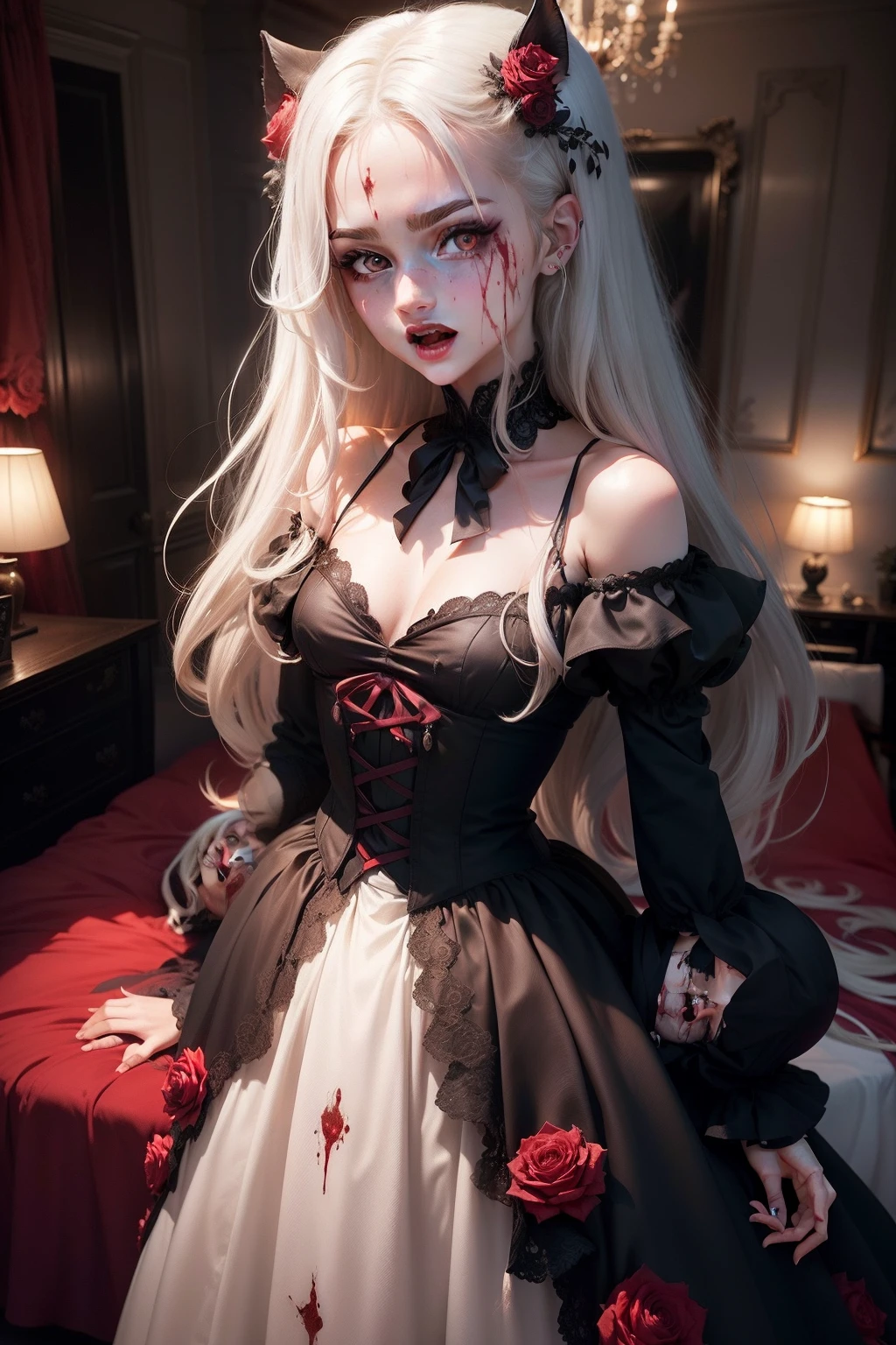 there are many beds around the edge of this room with asleep, tween Emma Watson as a vampire in middle of the room, red glowing eyes, snarling, open mouth, fangs, fangs protruding, vampire teeth, dark smoky eye makeup, blonde hair, wearing black wedding dress, clawed hands, sunset town background, red roses in hair, blood on face, high definition, detailed, intricate, Blood-red eyes, long canine teeth, There is blood on the teeth, long white hair, blood stains at the corners of the mouth