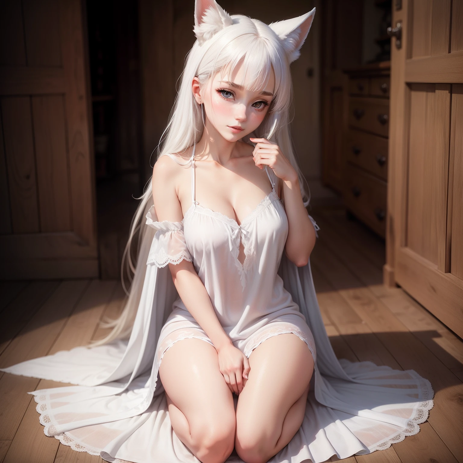 White Fox Maiden,Slip nightdress,Sit on your knees,Blushing and shy