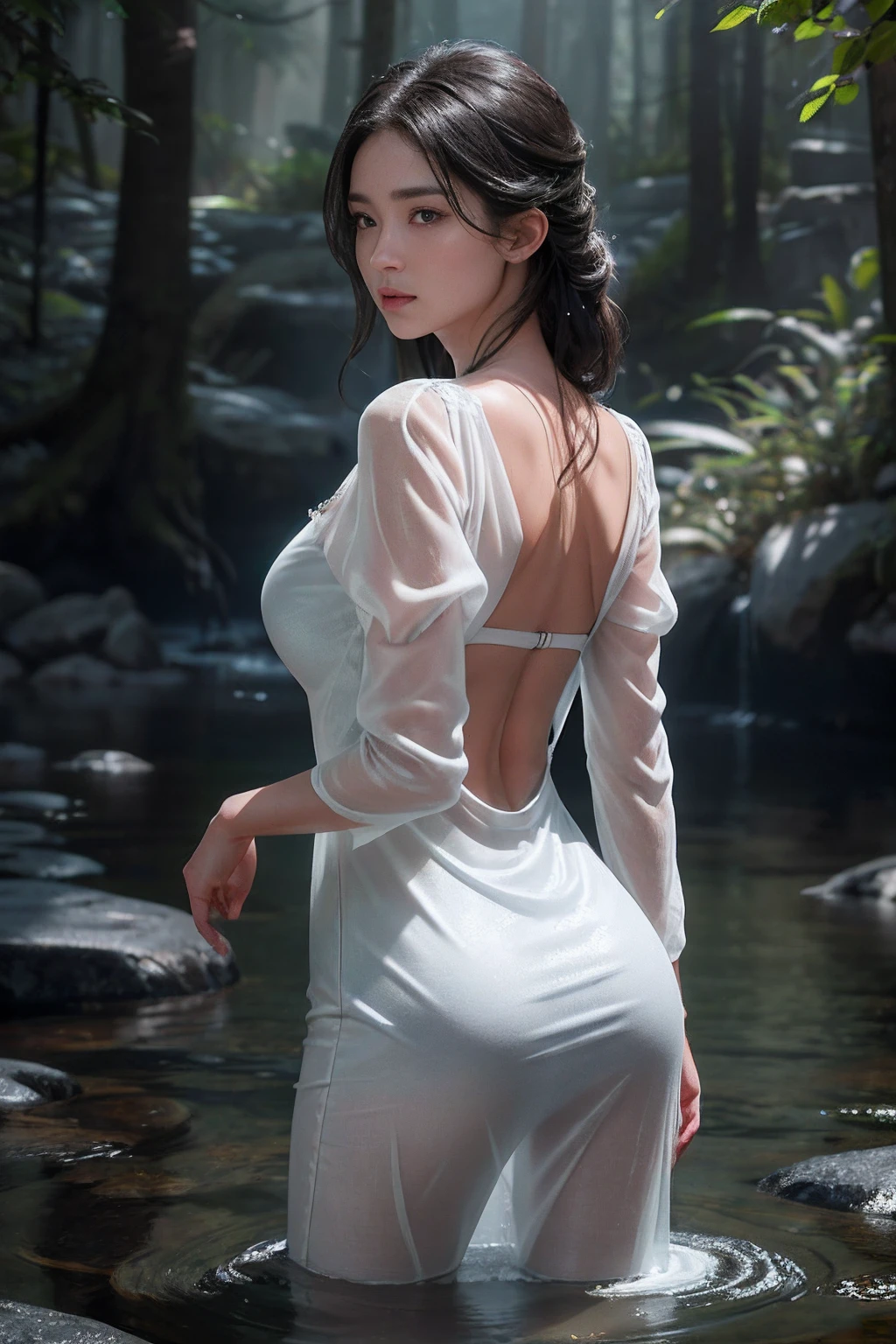 (8K, RAW photo, Best quality, Masterpiece:1.2), (Realistic, photo-realistic:1.37), Ultra-detailed, (highdetailskin:1.2), 8K  UHD, Digital SLR, Soft lighting, High quality, filmgrain, Fujifilm XT3, Professional lighting, photon maping, Radio City, Perfect face, Handsome, concept-art, Detailed face and body, Award-winning photography, Detailed face, Backlight, Ultra photo realsisim, Ray tracing, Strong gaze, view the viewer, Cinematic lighting, embers, fantasy, Sexy action pose, Mist , RAW photo, 8K  UHD, filmgrain, sonoko, Summer dress，Back display, wet water, wet body, transparent clothing, black lace