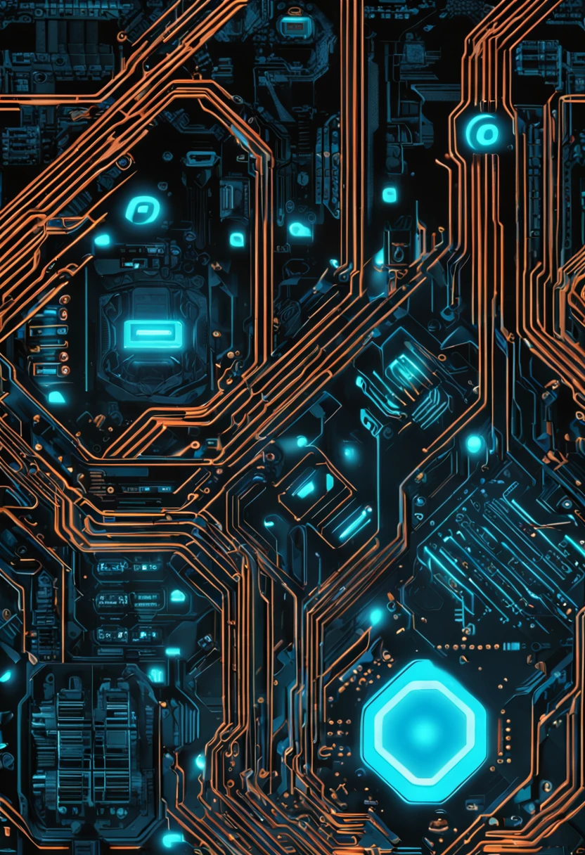 Black sci-fi background,Glowing edges，Blue light，blue back light，Lots of detail，3Drenderingof，High-quality graphics，4K，chips，circuit boards，