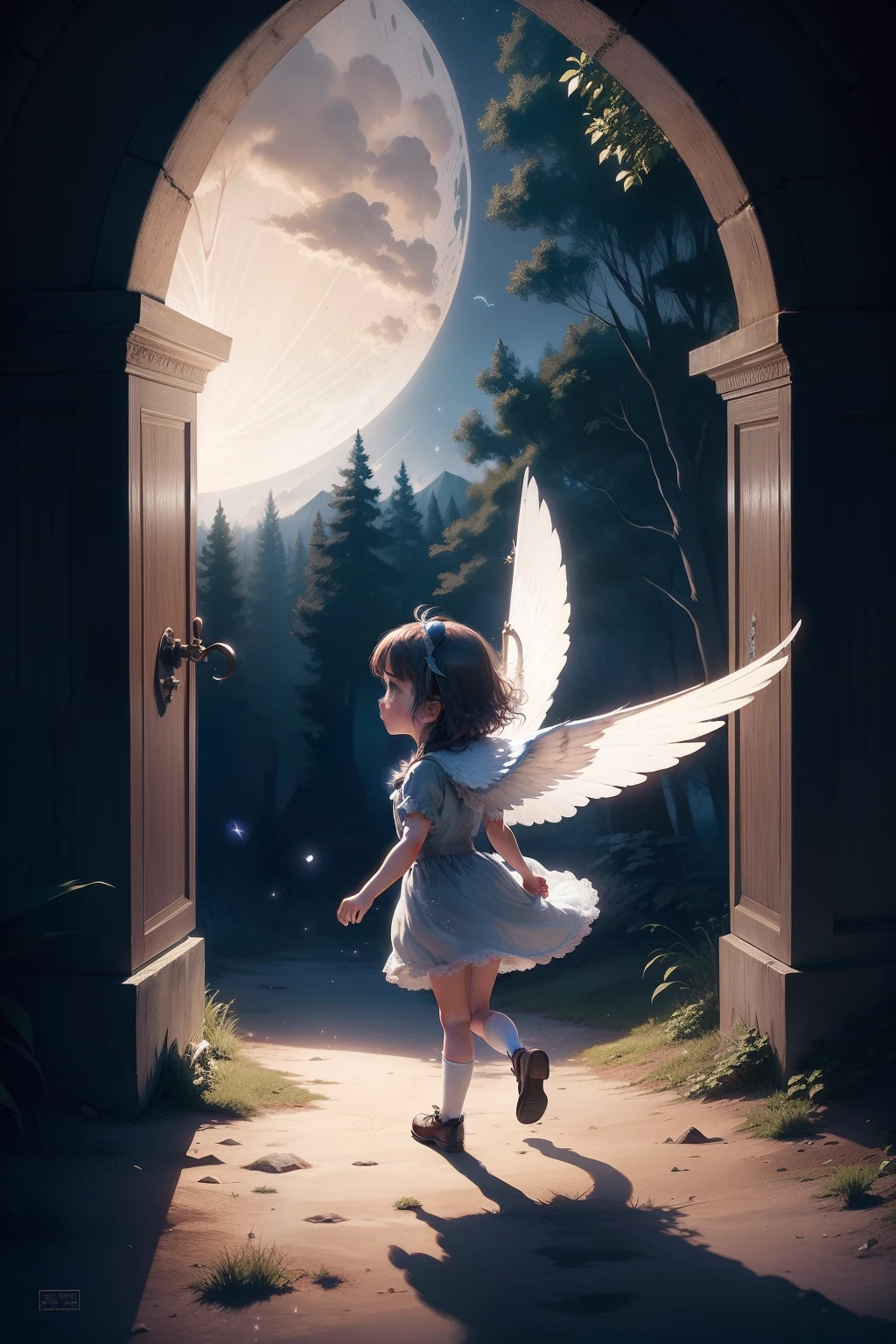 Illustrate Luna's first flight with delicate wings, surrounded by shimmering pixie dust as she discovers the entrance to the Darkwood Woods