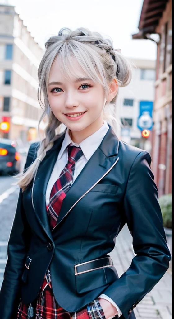 (ultra-detailliert), Tartan check jacket,high-school uniform、Blue eyes,The upper part of the body、a closeup、faces、(A smile:1.5),(facing front:1.2), 20yr old, teens girl,no tail,(no tail),2D, ​masterpiece, top-quality, animesque, A detailed eye, A detailed face, girl with, Only 1 person,Silver medium hair, (Silvery head hair),  Ear Hair, small tits, Single braid, (Single braid), (Side braid), Pink ribbon, Ribbon around the neck, Background bokeh