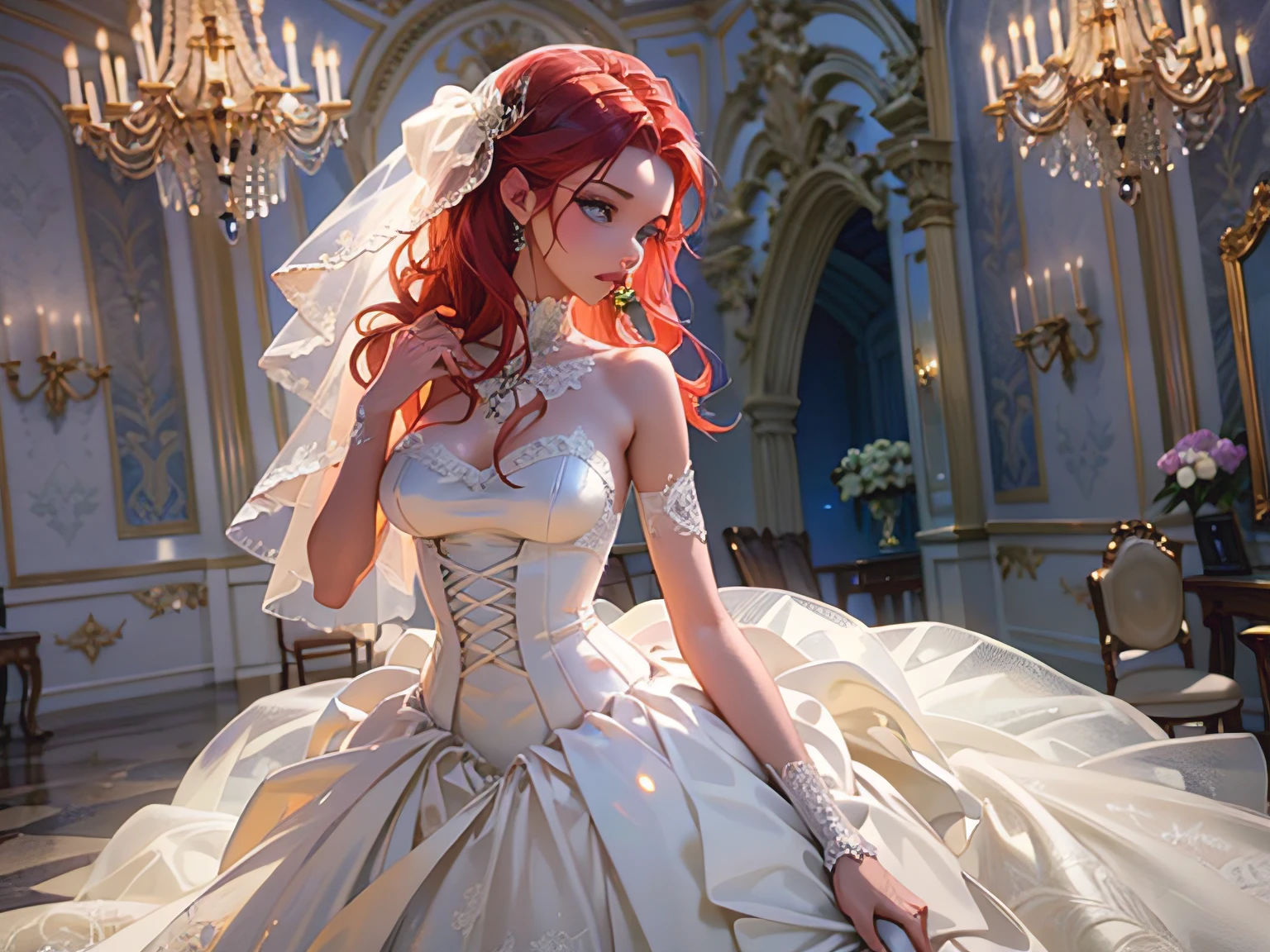 arafed, high details, best quality, 16k, [ultra detailed], masterpiece, best quality, (extremely detailed), dynamic angle, ultra wide shot, RAW, photorealistic, a wide angle picture of a vampire bride taking a bite of her groom, a [vampire] bride (best details, Masterpiece, best quality) female human in a wedding gown (best details, Masterpiece, best quality), ultra detailed face (best details, Masterpiece, best quality), ultra feminine red haired,  long hair, wedding hair cut style, blue eyes, intense eyes, wearing white wedding dress (best details, Masterpiece, best quality), wearing white high heels, in the ceremonial bed (best details, Masterpiece, best quality), taking a bite from the groom, BREAK a beautiful human man (best details, Masterpiece, best quality), ultra detailed face (best details, Masterpiece, best quality), wearing a wedding tuxedo (best details, Masterpiece, best quality), honeymoon suite background, Ultra-Wide Angle, high detail, award winning, best quality, HD, 16K, 3D rendering, high details, best quality, highres, ultra wide angle, 3D rendering, [[anatomically correct]]