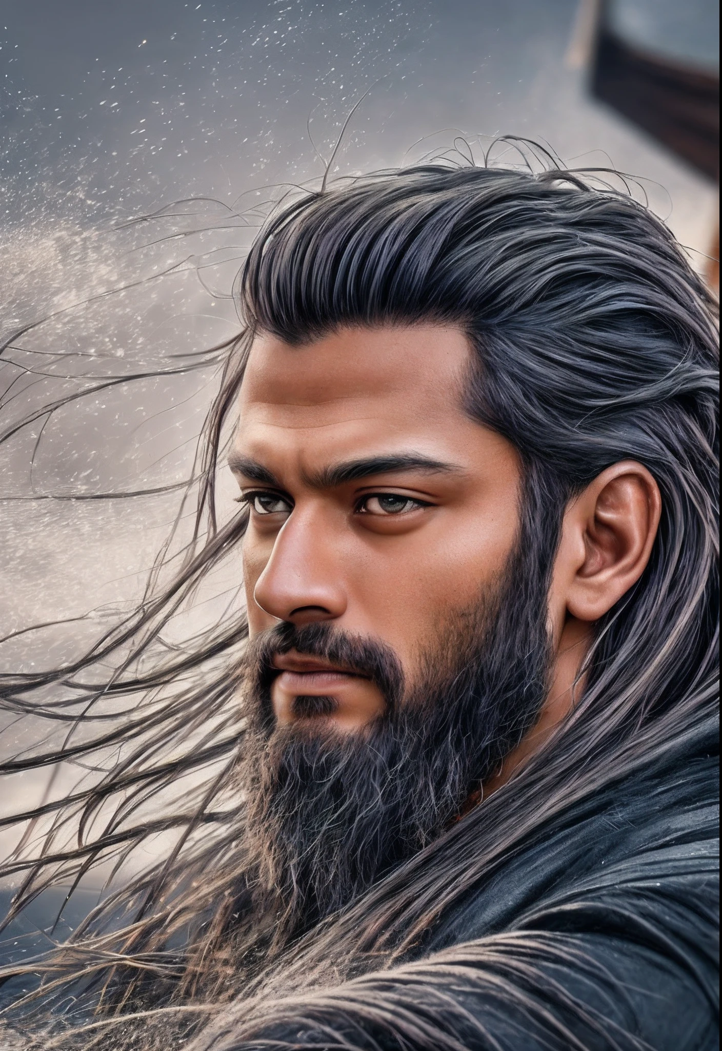 Realistic 16k image of Shakib Al Hasan as Ragnar Lothbrok (with black hair) onboard a viking longship, ((low angle hero shot)), (Upper body closeup), show Shakib as Ragnar navigating treacherous waters, Shakib Al Hasan as Ragnar is navigating his crew, show Shakib Al Hasan commanding the ship crew, this scene will be dark and scary, highlighting Shakib Al Hasan sailing on treacherous waters, dark tones with moonlit seas, dark and intimidating atmosphere like Viking series colour tone, ((sharp focus on portrait)), (balanced composition), high quality and realistic image, cinematic style, ((Best quality, 8k, Masterpiece), rough face, detailed skin, masterpiece, professional photography, (high detail:1 1), natural skin, (detailed face and eyes), (face: 1 2), noise, real photo, film photography, high resolution, 8k, realistic, 8k UHD, SLR camera, high quality, film grain, (Fujifilm X-T20, Fujifilm Fujinon XF 50mm f/2 R WR lens, Lens focal Length 50mm, Shutter speed 1/500 sec, APERTURE: 2, ISO: 80), volumetric lighting, dark background, dark fantasy, highly detailed, sharp focus, shallow depth of field, bokeh, blurry background, high contrast, contrast lighting, (dim colours), exposure blend, (dusty:1.3) --auto --s2