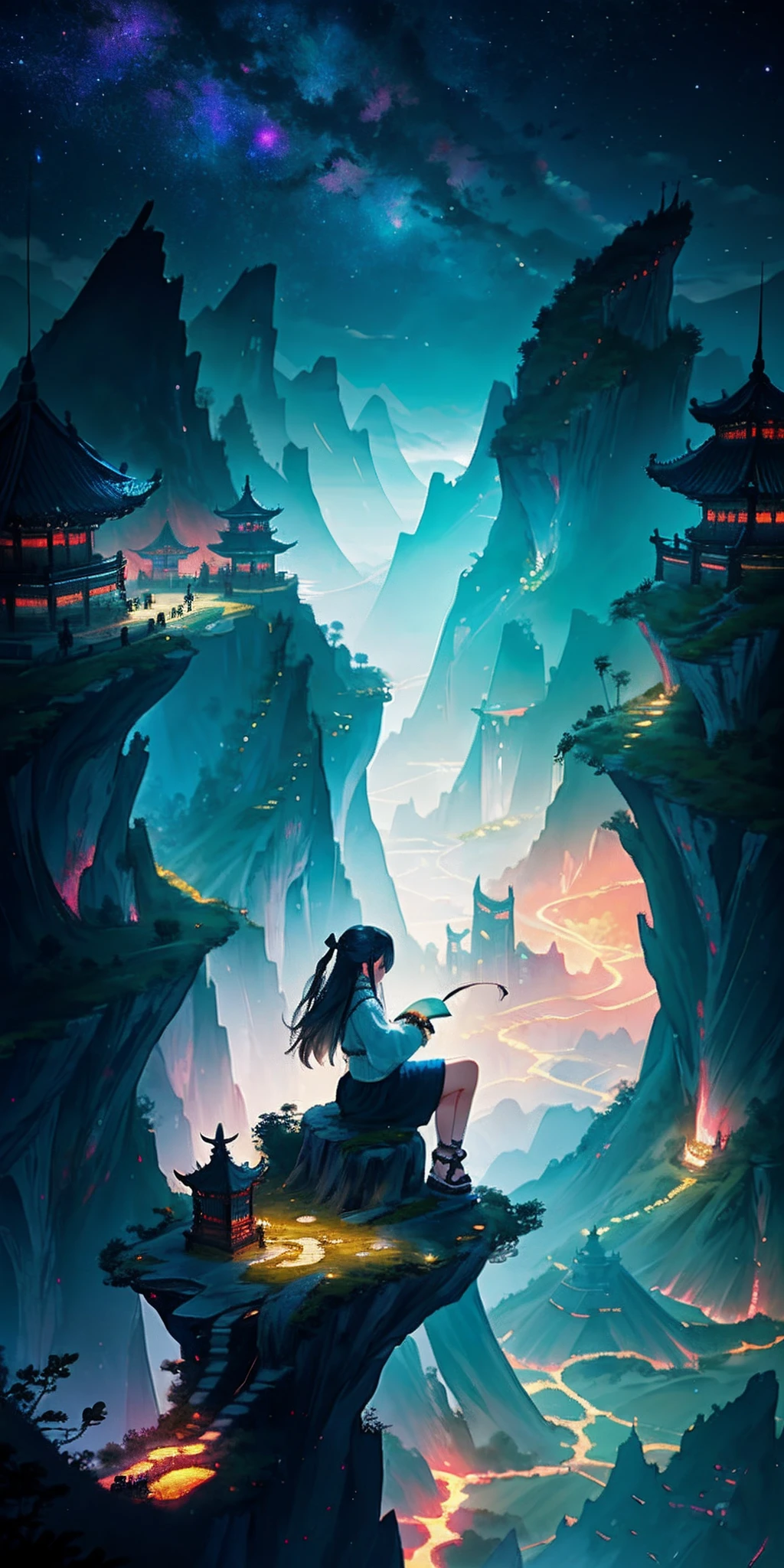 sky, star (sky), scenery, starry sky, night, 1girl, night sky, solo, outdoors, cloud, moon, sitting, long hair, fantasy art, Chinese landscape, Chinese fantasy, Chinese ink style, pin ancient city view, order Impressive fantasy landscape, most epic landscape, avatar landscape, chinese village beside a lake, delta