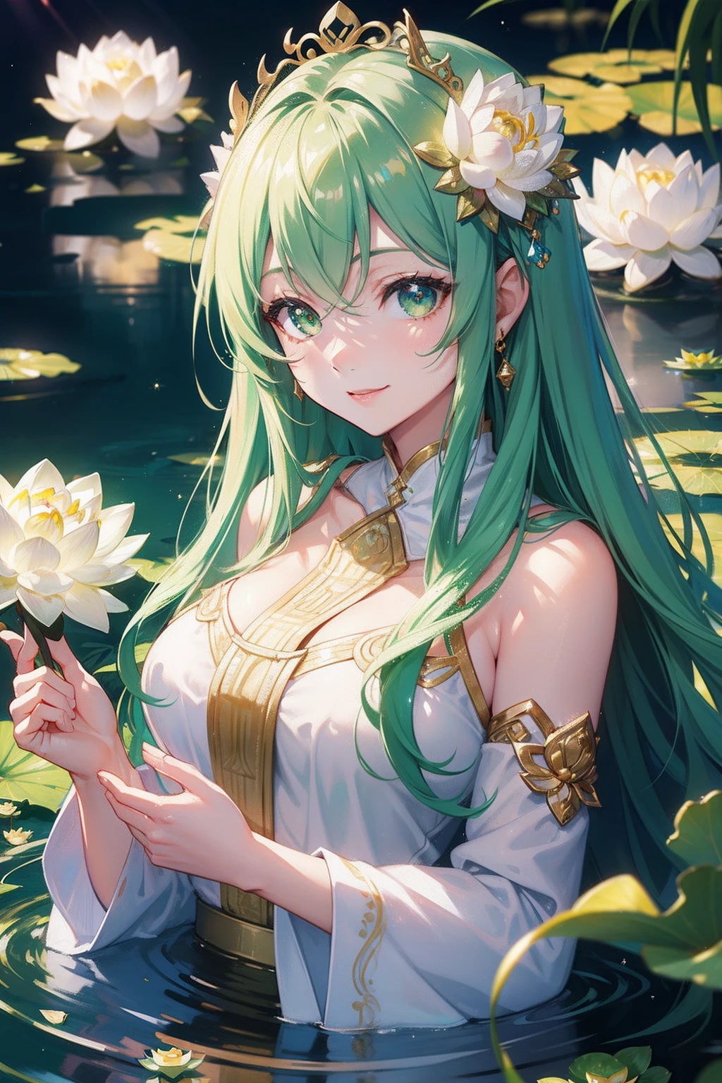 masutepiece, High resolution, 8K, anime woman, Delicate and detailed writing 、Detailed digital illustration、Aristocratic clothing、Very long hair and shiny、a very beautiful woman、Eyes are double, Big and cute,、Bust is D cup、High image quality, High quality、Detailed background、I'm wearing a hair ornament.、Glittering background、The inside of the eye shines like a diamond、4 fingers, 1 thumb、Detailed female face、Smile、Very beautiful and cute woman、light green hair、Very luxurious hair jewelry、Go inside the pond、froggy、A smile、Photo up to the waist、Lots of beautiful lotus flowers on the background、stardust、Soft Focus , Bright gradient watercolor , Lens Flare , Glitter , Glow , Dreamy Backgrounds Main、Far angle、(((Very beautiful lotus flower)))