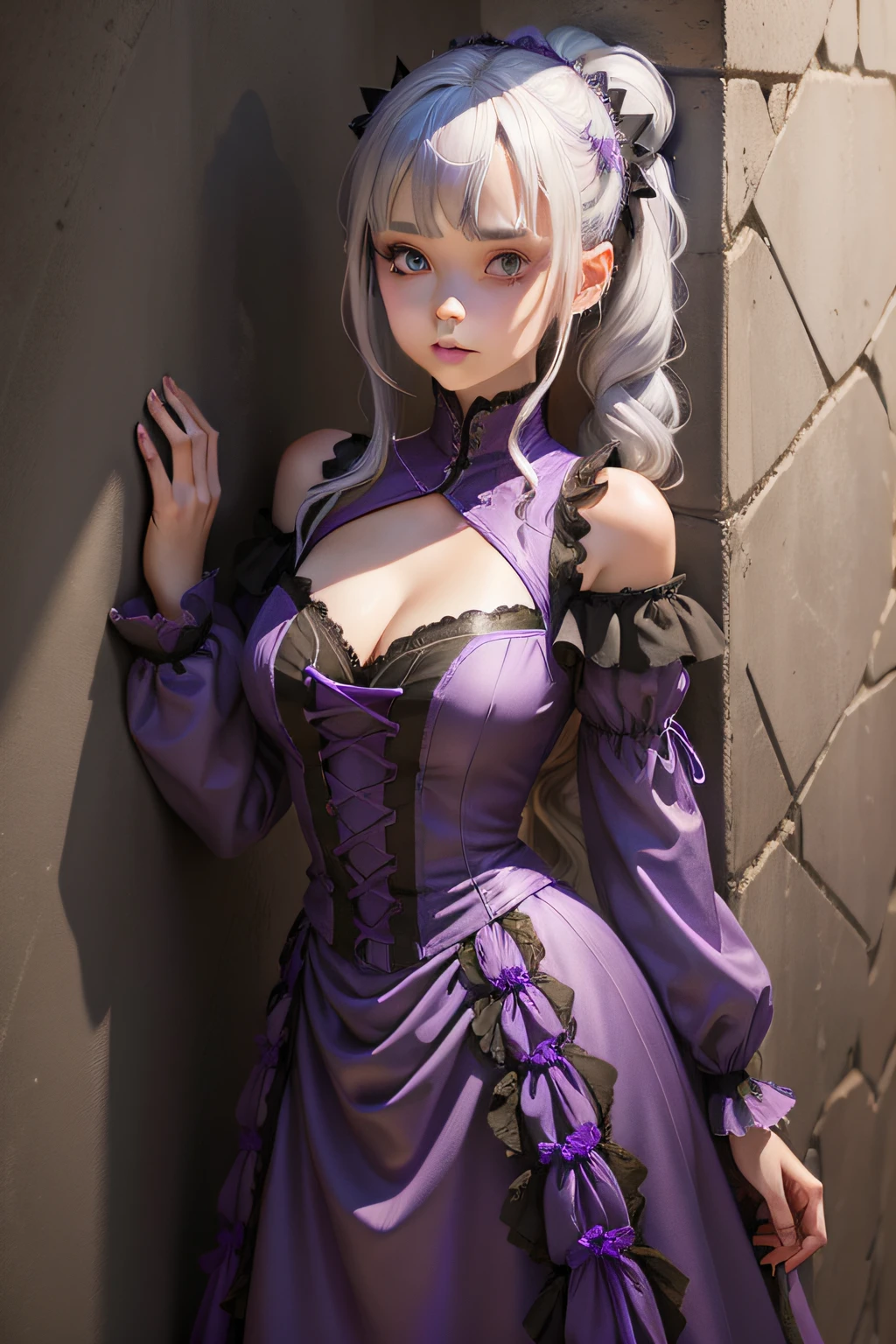 Silver hair girl,Two ponytails,Wearing a purple gothic dress,Leaning against the wall,Chest straight,There are purple pupils