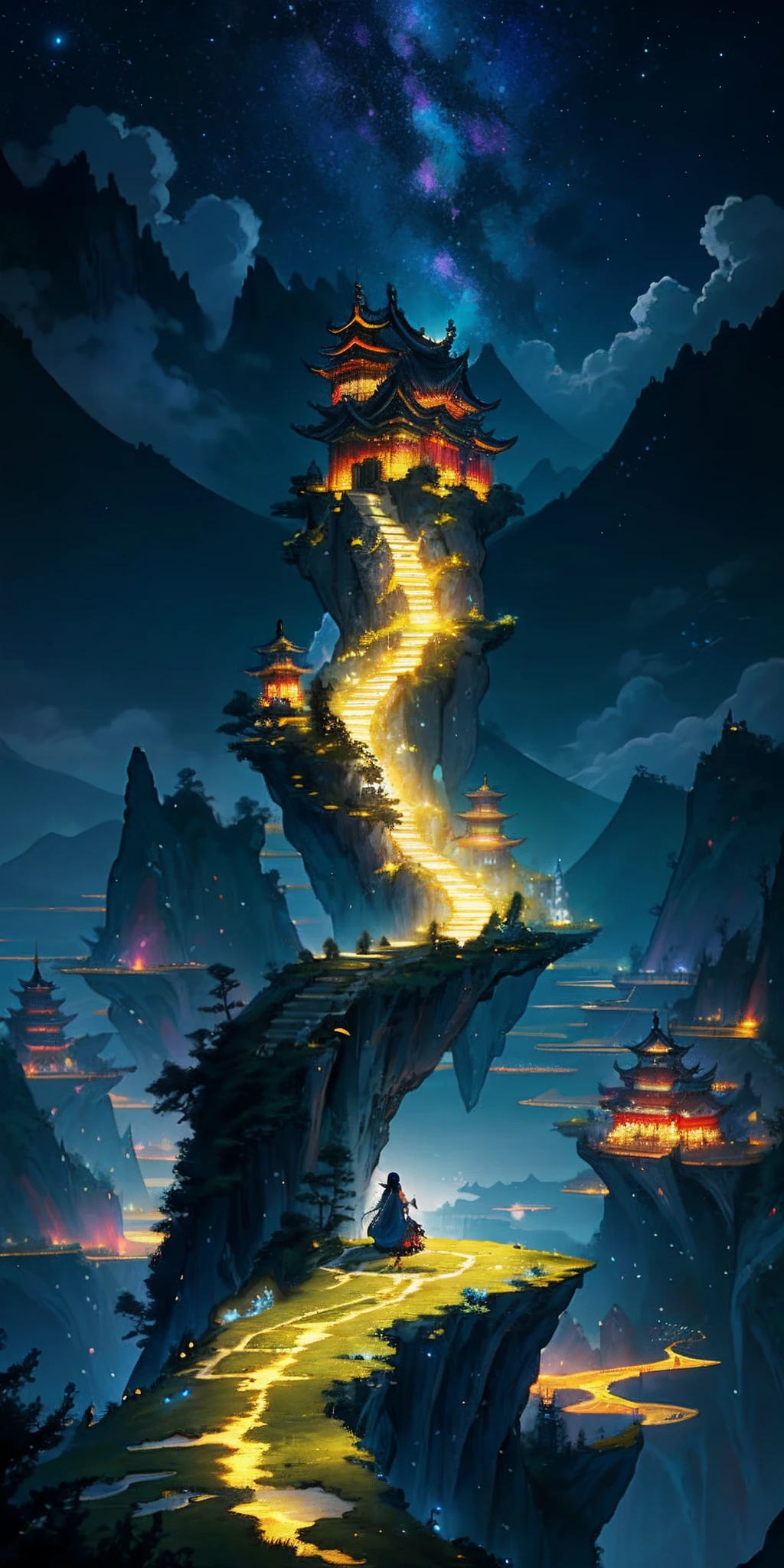 sky, star (sky), scenery, starry sky, night, 1girl, night sky, solo, outdoors, cloud, moon, sitting, long hair, fantasy art, Chinese landscape, Chinese fantasy, Chinese ink style, pin ancient city view, order Impressive fantasy landscape, most epic landscape, avatar landscape, chinese village beside a lake, delta