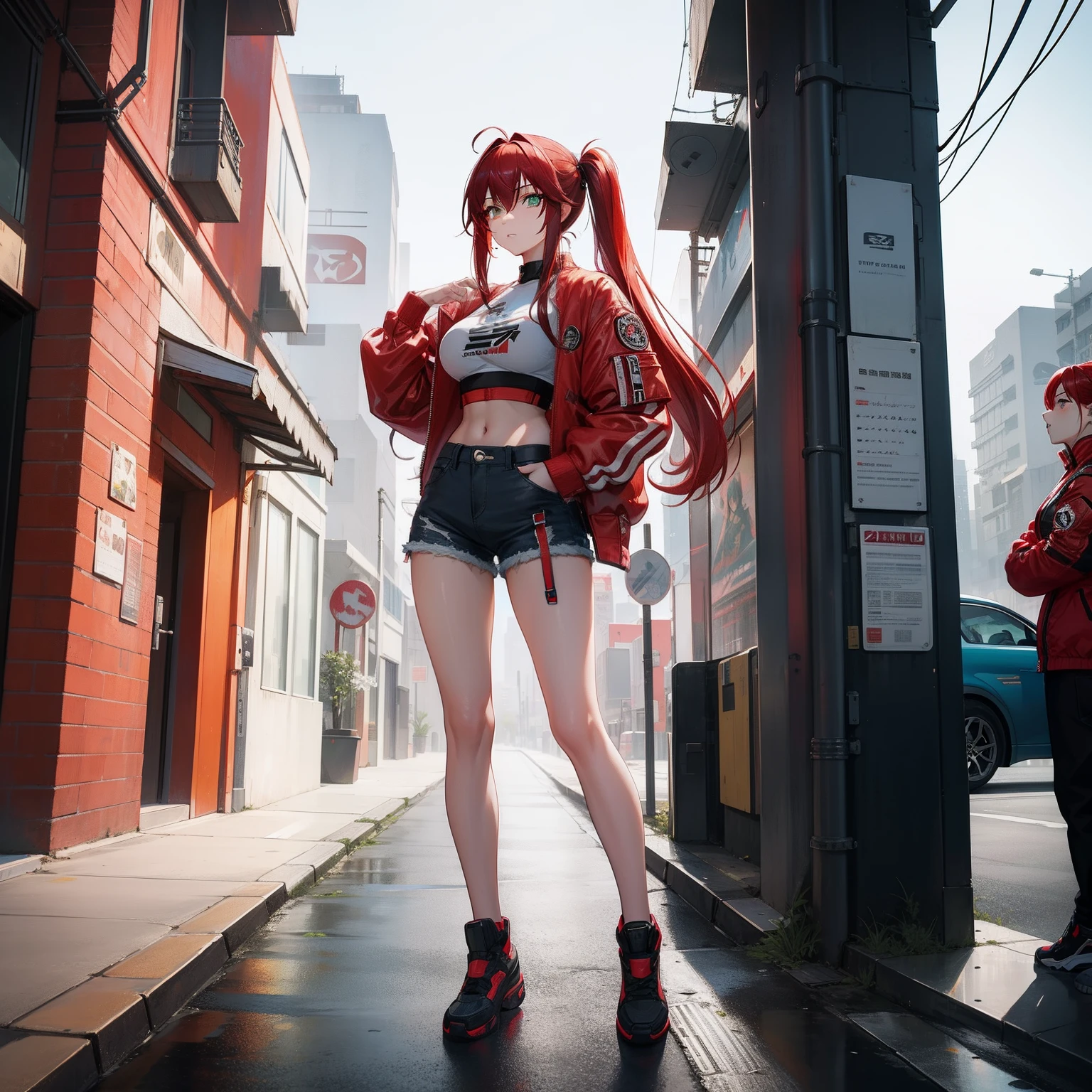 Full body shot, female asian Irina Shidou red hair twintails green eyes, in a cyberpunk city, wearing a bomber jacket and crop top and denim shorts, standing next to a Nissan GT-R, frontal shot, masterpiece, highly detailed