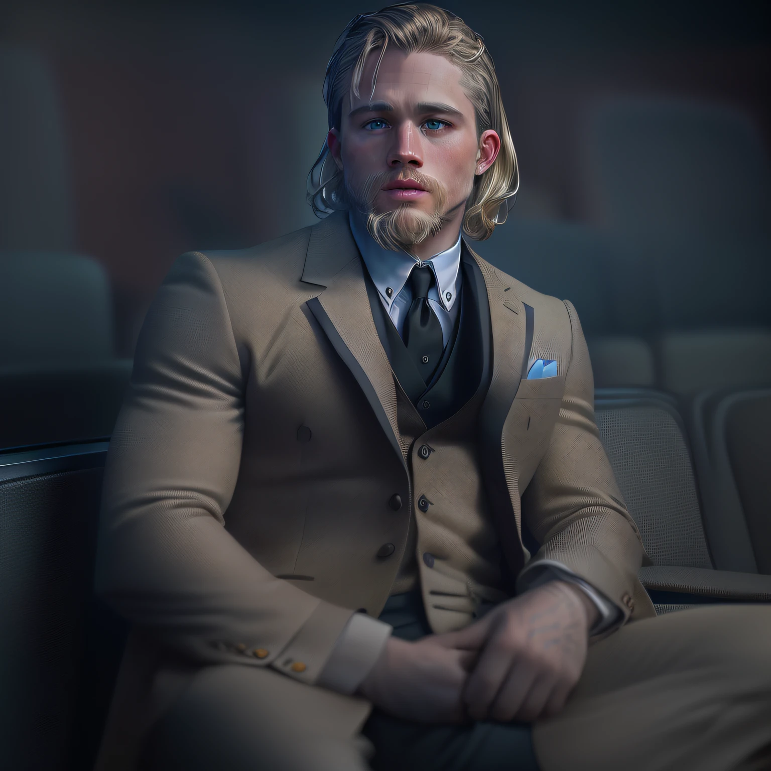 (Charlie Hunnam) full body picture, high quality, 1man, (((handsome Man blonde american dilf))), (((black suit))), (((blue eyes))) (((in a theater)) (((3 day beard)) photorealistic, nsfw, sexy, , sharp, focused, centered, sensual, HD, 8k, DSLR, RAW Sony a7R IV camera, Meike 85mm F1.8 lens