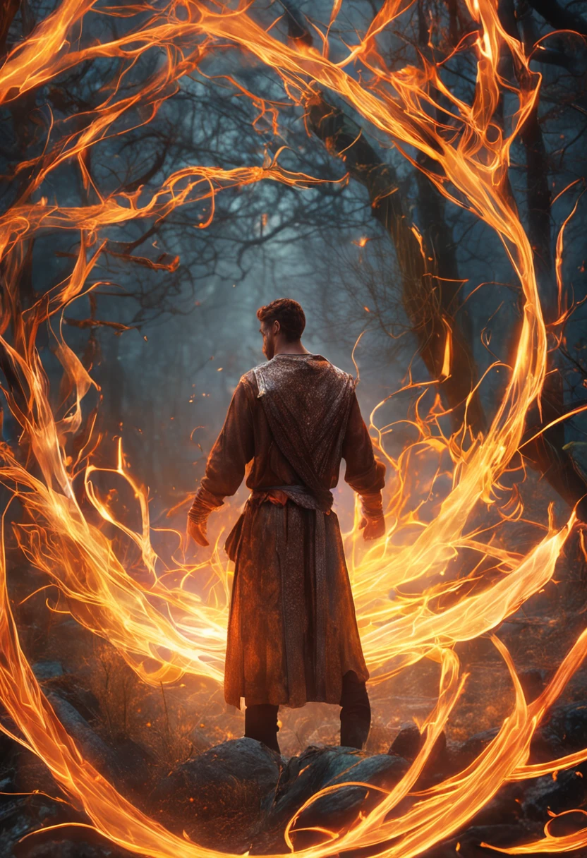 Amidst an ancient and overgrown forest, the essence of magic takes form through a young man, his hair as dark as the shadows and his eyes a radiant golden blaze. A mystical mark graces his neck, shimmering with latent power. Within a clearing, he stands engulfed in a cascading torrent of flames, the fire's heat tempered by an otherworldly energy. As the magical fire spirals and dances, it conjures a swirling dance of luminous particles, each a fragment of his ethereal aura. Arcane symbols materialize in midair, their glow casting an eerie light on his intense focus. The scene exudes a sense of ancient power and hidden knowledge, as if the woods themselves are alive with long-forgotten secrets. The mood is one of serene intensity, where the balance of nature and magic intertwine. The illustration style captures this mystical aura through detailed digital artistry, combining intricate linework with vibrant color palettes. --ar 16:9 --v 5