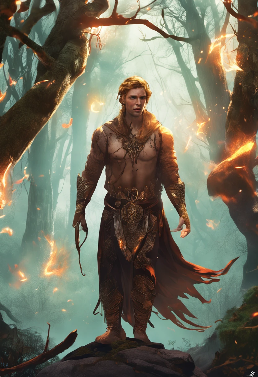 Amidst an ancient and overgrown forest, the essence of magic takes form through a young man, his hair as dark as the shadows and his eyes a radiant golden blaze. A mystical mark graces his neck, shimmering with latent power. Within a clearing, he stands engulfed in a cascading torrent of flames, the fire's heat tempered by an otherworldly energy. As the magical fire spirals and dances, it conjures a swirling dance of luminous particles, each a fragment of his ethereal aura. Arcane symbols materialize in midair, their glow casting an eerie light on his intense focus. The scene exudes a sense of ancient power and hidden knowledge, as if the woods themselves are alive with long-forgotten secrets. The mood is one of serene intensity, where the balance of nature and magic intertwine. The illustration style captures this mystical aura through detailed digital artistry, combining intricate linework with vibrant color palettes. --ar 16:9 --v 5