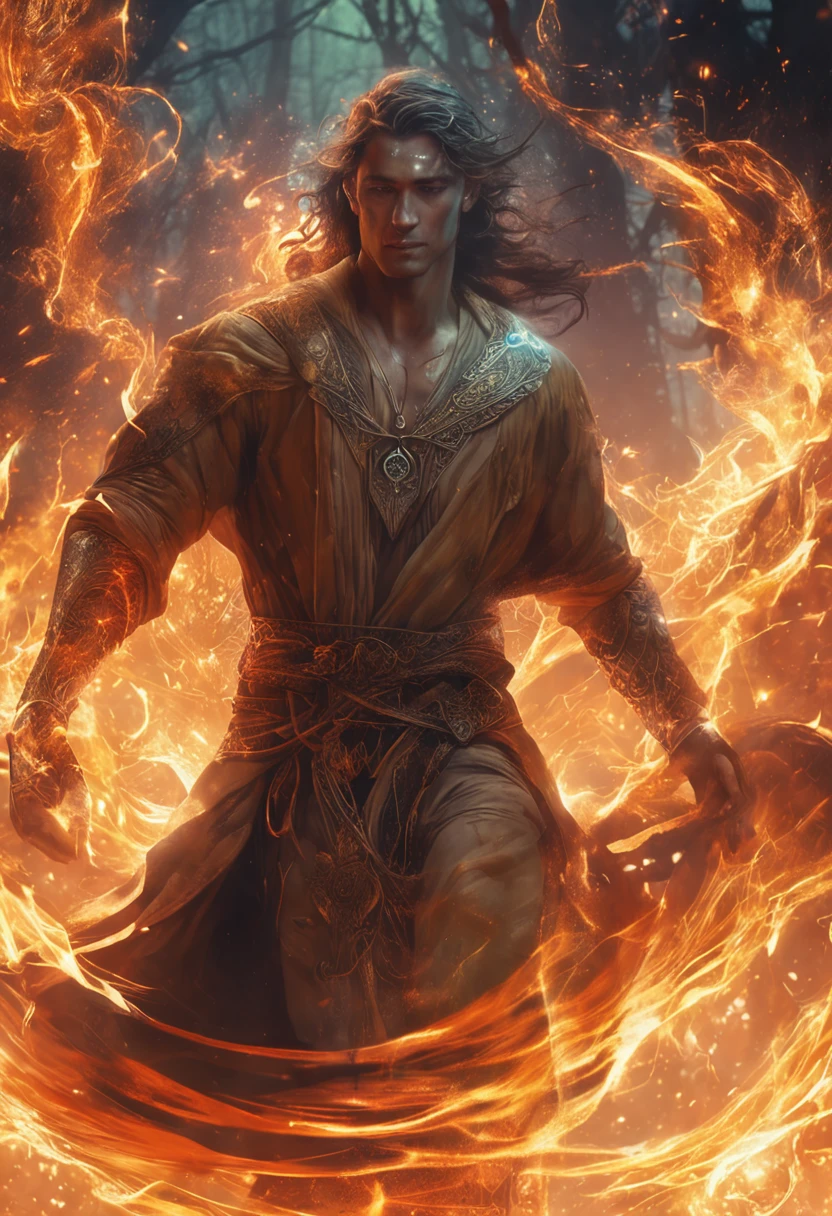 Amidst an ancient and overgrown forest, the essence of magic takes form through a young man, his hair as dark as the shadows and his eyes a radiant golden blaze. A mystical mark graces his neck, shimmering with latent power. Within a clearing, he stands engulfed in a cascading torrent of flames, the fire's heat tempered by an otherworldly energy. As the magical fire spirals and dances, it conjures a swirling dance of luminous particles, each a fragment of his ethereal aura. Arcane symbols materialize in midair, their glow casting an eerie light on his intense focus. The scene exudes a sense of ancient power and hidden knowledge, as if the woods themselves are alive with long-forgotten secrets. The mood is one of serene intensity, where the balance of nature and magic intertwine. The illustration style captures this mystical aura through detailed digital artistry, combining intricate linework with vibrant color palettes. --ar 16:9 --v 5