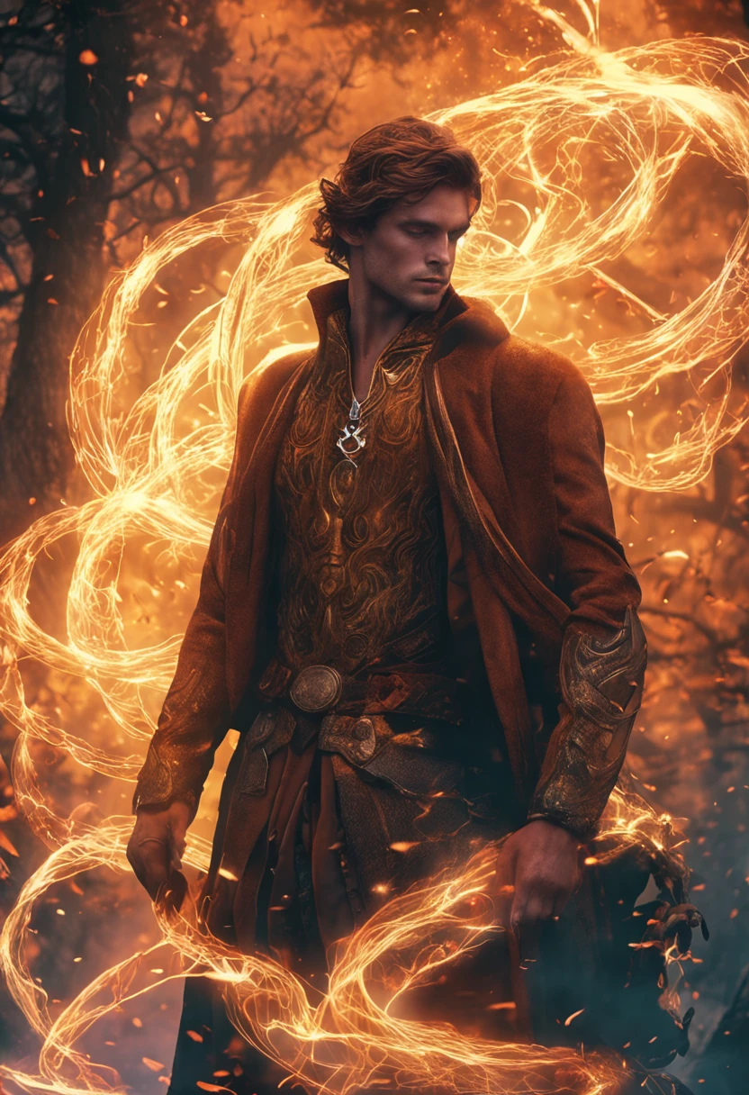 Amidst an ancient and overgrown forest, the essence of magic takes form through a young man, his hair as dark as the shadows and his eyes a radiant golden blaze. A mystical mark graces his neck, shimmering with latent power. Within a clearing, he stands engulfed in a cascading torrent of flames, the fire's heat tempered by an otherworldly energy. As the magical fire spirals and dances, it conjures a swirling dance of luminous particles, each a fragment of his ethereal aura. Arcane symbols materialize in midair, their glow casting an eerie light on his intense focus. The scene exudes a sense of ancient power and hidden knowledge, as if the woods themselves are alive with long-forgotten secrets. The mood is one of serene intensity, where the balance of nature and magic intertwine. The illustration style captures this mystical aura through detailed digital artistry, combining intricate linework with vibrant color palettes. --ar 16:9 --v 5