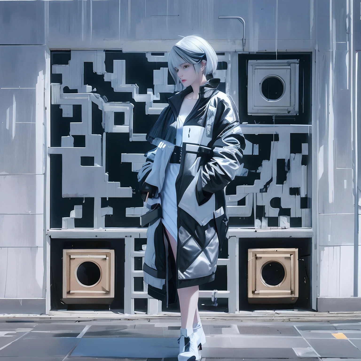 There was a woman wearing a black and white coat and white shoes, styled like ghost in the shell, muted cyberpunk style, wearing cyberpunk streetwear, cyberpunk high fashion, cyber punk style, cyberpunk fashion, biopunk futuristic wardrobe, white cyborg fashion shot, cyberpunk streetwear, fashionable futuristic woman, inspired by Gao Cen, cyber punk style, digitl cyberpunk - anime art, cyberpunk fashion clothes