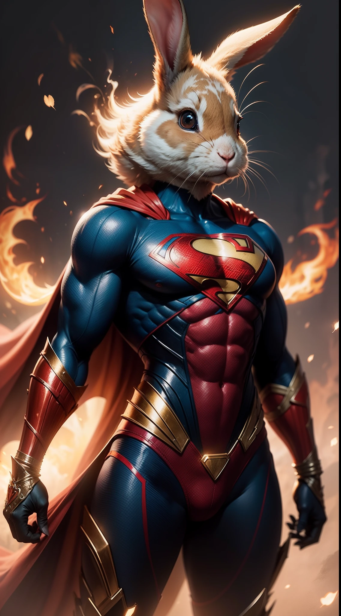 male, anthro caracal, with golden orange and fur, with black caracal stripes and a white underside, light blue eyes, wearing a tight white Spandex clothing with a red Upside down triangle symbol on the chest and a Red cape