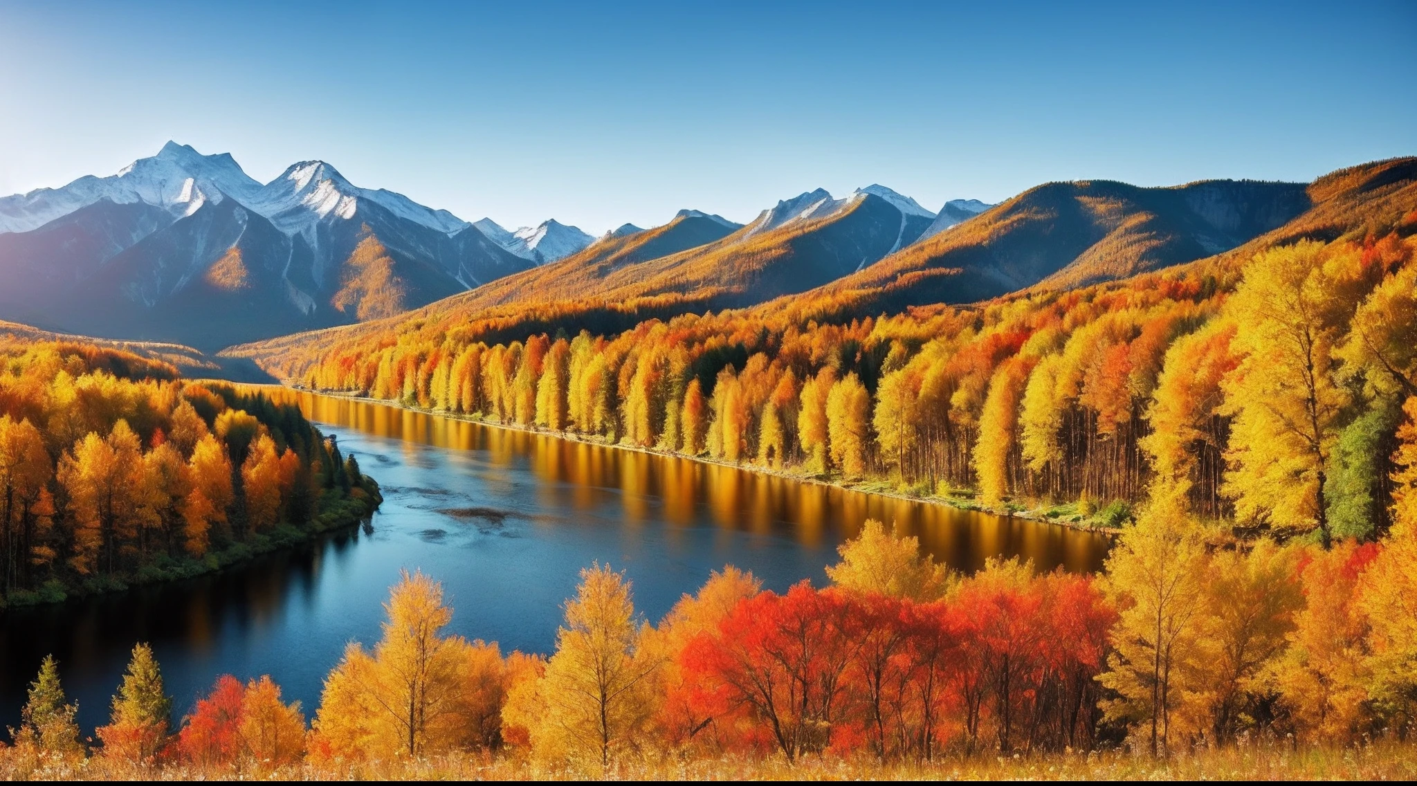 masterpiece, best quality, forest, mountainous horizon, mountain, flowers, river, autumn, architecture,