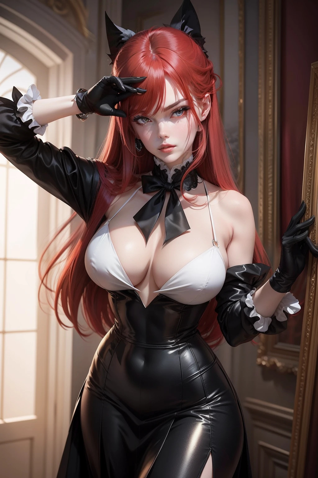 Rias Gremory is a character with crimson hair, her long strands falling elegantly down her back, contrasting with her pale skin and mesmerizing amber eyes. She exudes confidence and charm with her haughty posture. Wearing a tailored red school uniform, her pleated skirt falls in harmony with her fitted white blouse slightly open. A black ribbon tied around her neck complements the ensemble, highlighting her aura of authority and sophistication. Her accessories include black gloves that highlight her delicate hands. , in high resolution, detailed, HD quality.