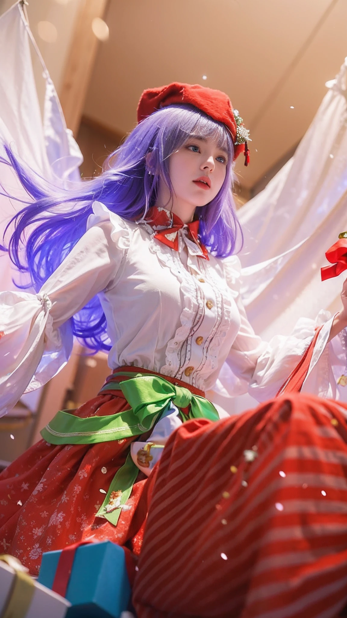 (8k, best quality, masterpiece:1.2), (realistic, photo-realistic:1.37), ultra-detailed, A detailed portrait of 1 girl 21 year old, christmas dress, christmas hat, christmas mood, beautiful girl, british girl, pale skin, perfect body, blue eyes, purple hair. The scene is illuminated with professional lighting, photon mapping, and radiosity, with Tetsuya Nomura Style. Blur bokeh effect, realistic light.