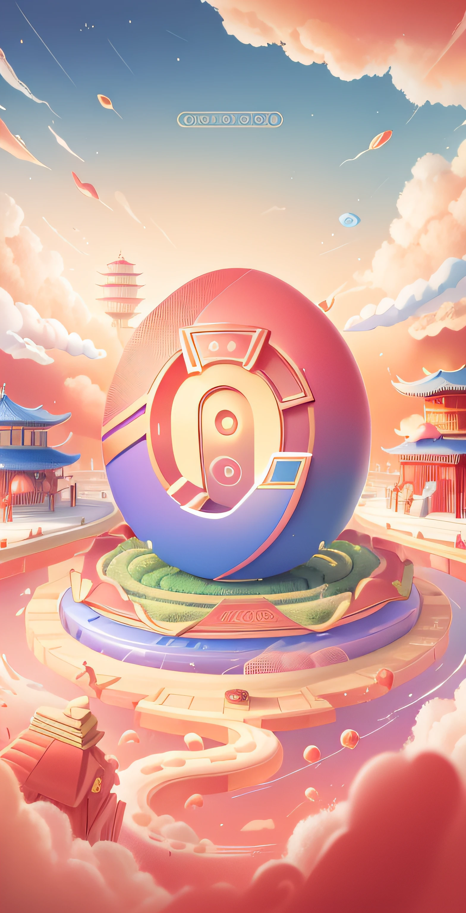 The red stage is in the middle，3 golden eggs，Surrounded by auspicious clouds，New Year atmosphere，The Gate of China，pillar，Background bokeh，ancient buildings of China，Lanterns，Greenery，blue-sky