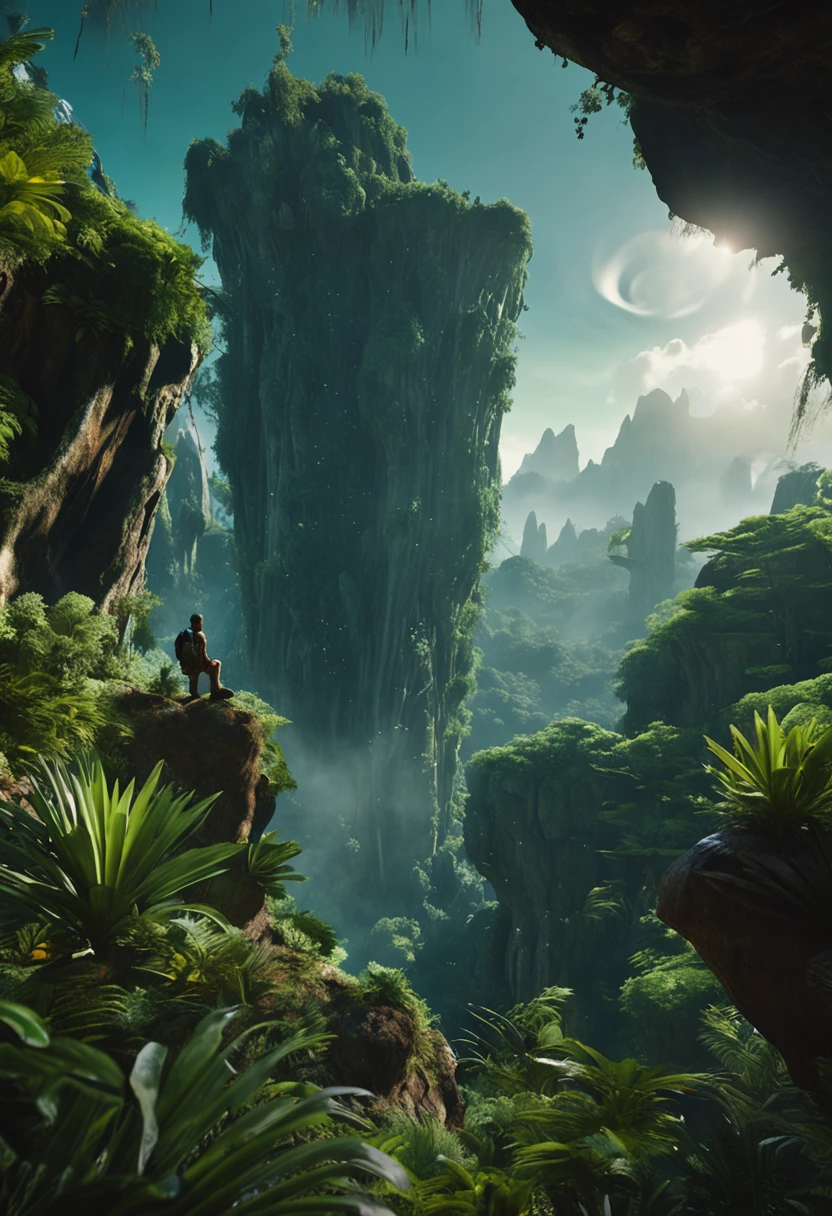 (35mmstyle:1.2), Highly detailed RAW color Photo, rear angle,Outdoors, (Stand on the cliffs of the tall Rocky Mountains, Gaze out over the magical lush green rainforest on an alien planet), vivd details, (Exotic alien planet)，(Sci-fi), (Mountains:1.1), (lush green vegetation), (two moons in sky:0.8), (Highly detailed, ultra - detailed, Intricate), (Lens flare:0.7), (full bloom:0.7), particle fx, Ray traching, Cinematic lighting, Shallow depth of field, photographed on a Sony a9 II, 35mm wide angle lens, Sharp focus, 《Gravity 2013》cinematic Film still from, Watching from behind, Dynamic Angle