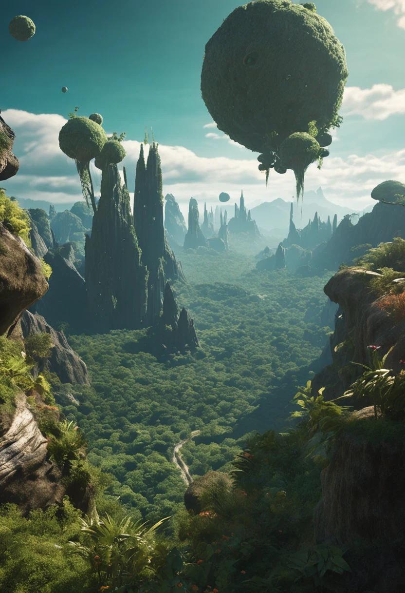 (35mmstyle:1.2), Highly detailed RAW color Photo, rear angle,Outdoors, (Stand on the cliffs of the tall Rocky Mountains, Gaze out over the magical lush green rainforest on an alien planet), vivd details, (Exotic alien planet)，(Sci-fi), (Mountains:1.1), (lush green vegetation), (two moons in sky:0.8), (Highly detailed, ultra - detailed, Intricate), (Lens flare:0.7), (full bloom:0.7), particle fx, Ray traching, Cinematic lighting, Shallow depth of field, photographed on a Sony a9 II, 35mm wide angle lens, Sharp focus, 《Gravity 2013》cinematic Film still from, Watching from behind, Dynamic Angle