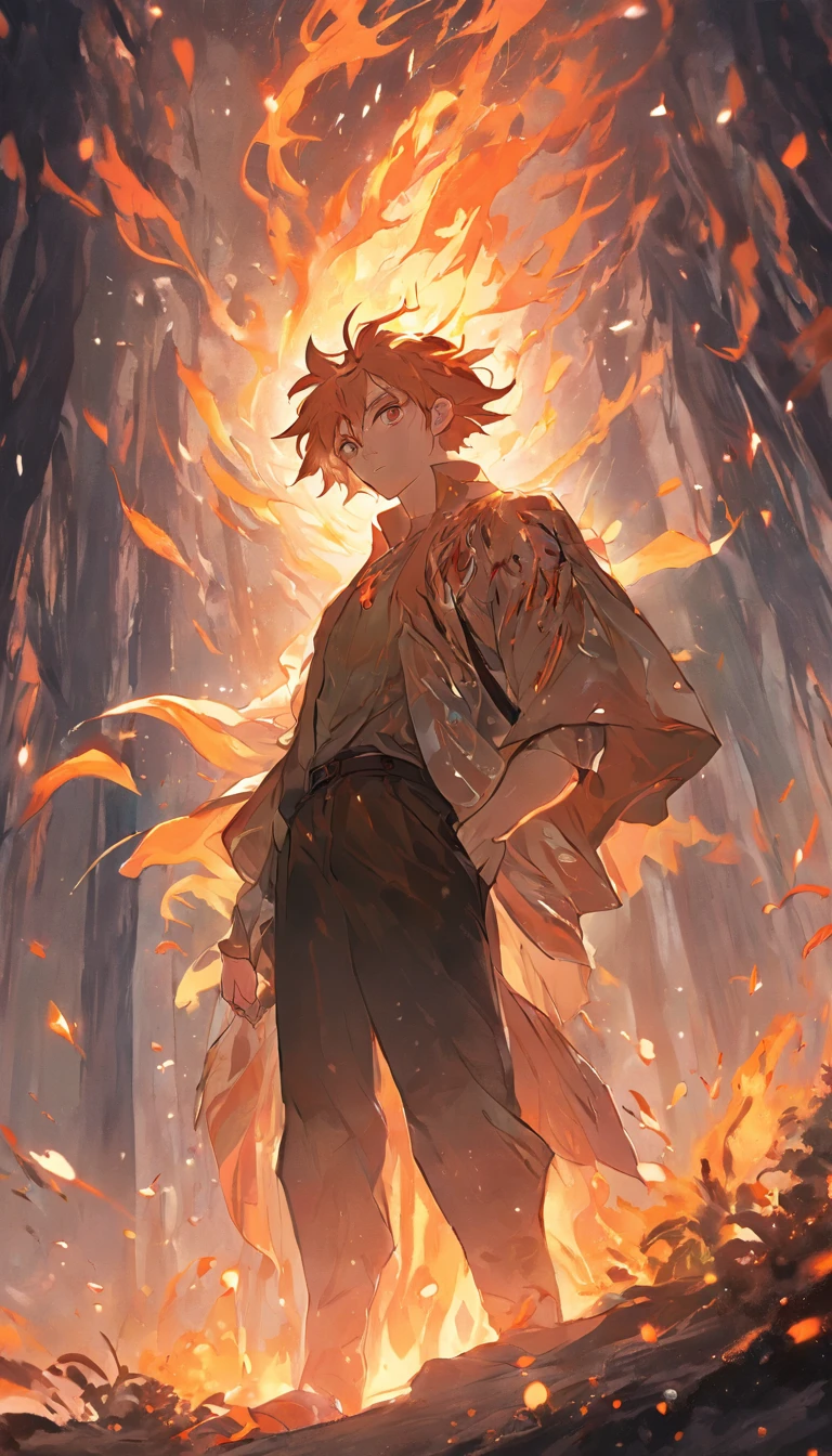 Amidst an ancient and overgrown forest, the essence of magic takes form through a young man, his hair as dark as the shadows and his eyes a radiant golden blaze. A mystical mark graces his neck, shimmering with latent power. Within a clearing, he stands engulfed in a cascading torrent of flames, the fire's heat tempered by an otherworldly energy. As the magical fire spirals and dances, it conjures a swirling dance of luminous particles, each a fragment of his ethereal aura. Arcane symbols materialize in midair, their glow casting an eerie light on his intense focus. The scene exudes a sense of ancient power and hidden knowledge, as if the woods themselves are alive with long-forgotten secrets. The mood is one of serene intensity, where the balance of nature and magic intertwine. The illustration style captures this mystical aura through detailed digital artistry, combining intricate linework with vibrant color palettes. --ar 16:9 --v 5