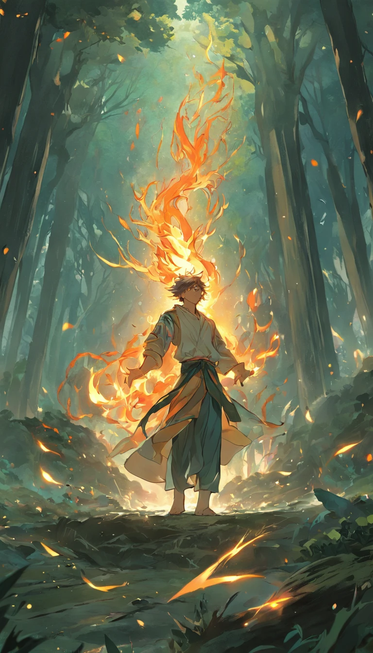 Amidst an ancient and overgrown forest, the essence of magic takes form through a young man, his hair as dark as the shadows and his eyes a radiant golden blaze. A mystical mark graces his neck, shimmering with latent power. Within a clearing, he stands engulfed in a cascading torrent of flames, the fire's heat tempered by an otherworldly energy. As the magical fire spirals and dances, it conjures a swirling dance of luminous particles, each a fragment of his ethereal aura. Arcane symbols materialize in midair, their glow casting an eerie light on his intense focus. The scene exudes a sense of ancient power and hidden knowledge, as if the woods themselves are alive with long-forgotten secrets. The mood is one of serene intensity, where the balance of nature and magic intertwine. The illustration style captures this mystical aura through detailed digital artistry, combining intricate linework with vibrant color palettes. --ar 16:9 --v 5