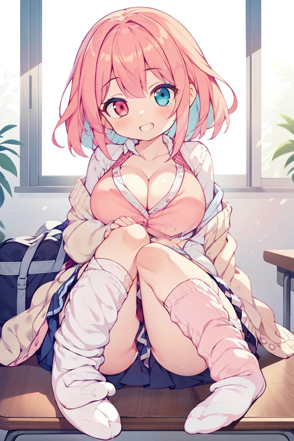 1girl in, Solo, Perfect body, (Super Detail:1.1), (Best Quality:1.1), Cute Girl, (gals:1.5), (double tooth:1.5), (large full breasts:0.8), (NSFW:0.5), (collarbones:0.8), Pink hair, straight haired, School Uniform, cardigan, cleavage, (heterochromia:1.1), (skindentation:1.1), (loosesocks:1.5), radiant eyes, a miniskirt, Sitting at a desk, Seductive smile,