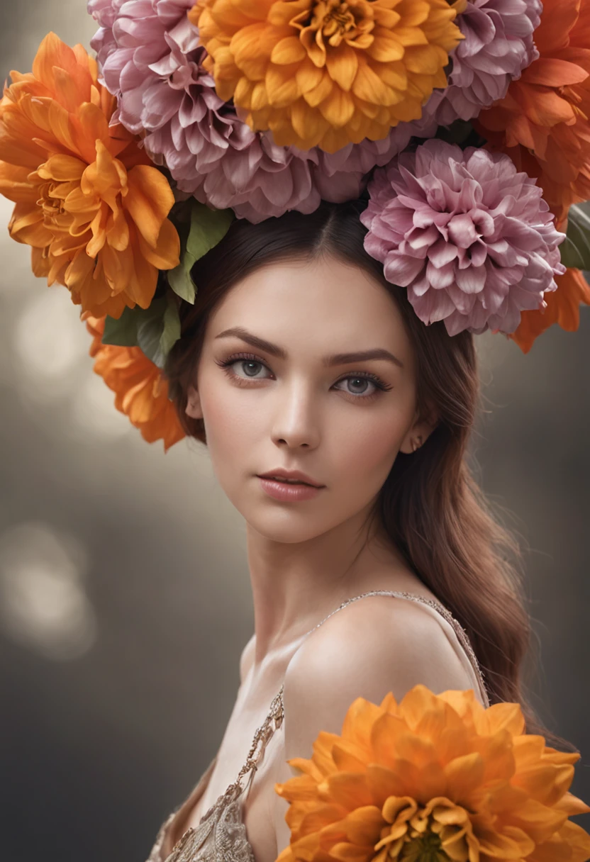 A woman who has huge flowers sticking out of her head in the style of fantasy movies, 3D-rendering, cinemactic, fotografia, Tipografia