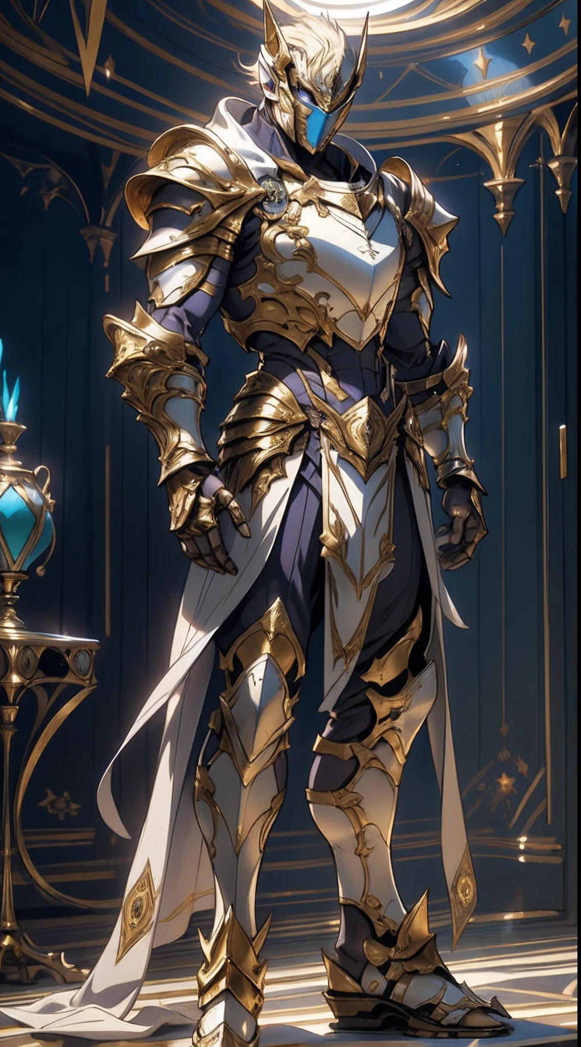 A man with short blond hair, wearing a mask designed like a beetle, a base undershirt primarily white with golden stripes, topped with a chest plate in indigo blue designed to resemble insects, his arms and legs are similarly armored, this character embodies a finely crafted fantasy-style masked light armor warrior design in anime, characterized by a sophisticated and mature manga art style, ((character concept art)), full body character drawing, high definition, best quality, ultra-detailed, extremely delicate, anatomically correct, symmetrical face, extremely detailed eyes and face, high quality eyes, creativity, RAW photo, UHD, 16k, (Natural light, cinematic lighting, masterpiece:1.5)