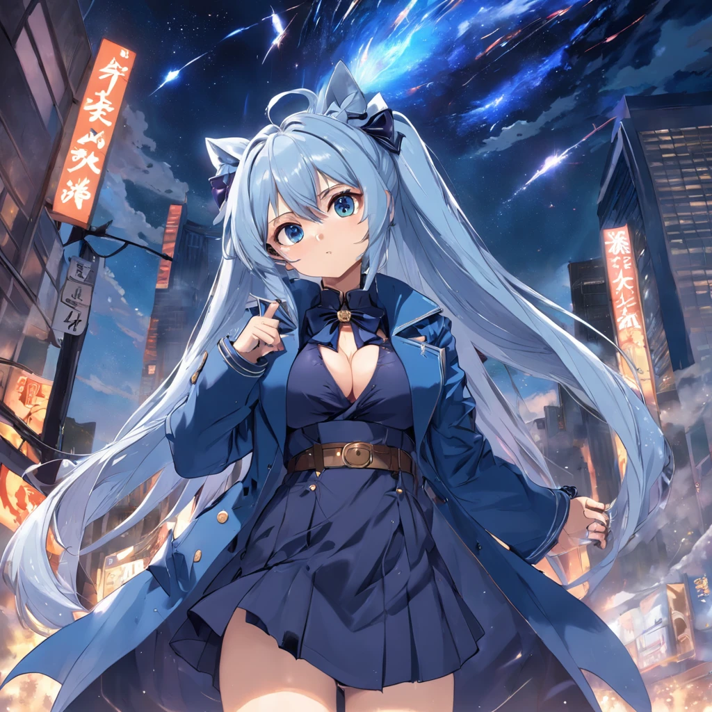 starrysky,Lori huge breasts cleavage,Blue,silber hair,dual horsetail,Bow hair ornament,Watch the fireworks,Dark blue trench coat