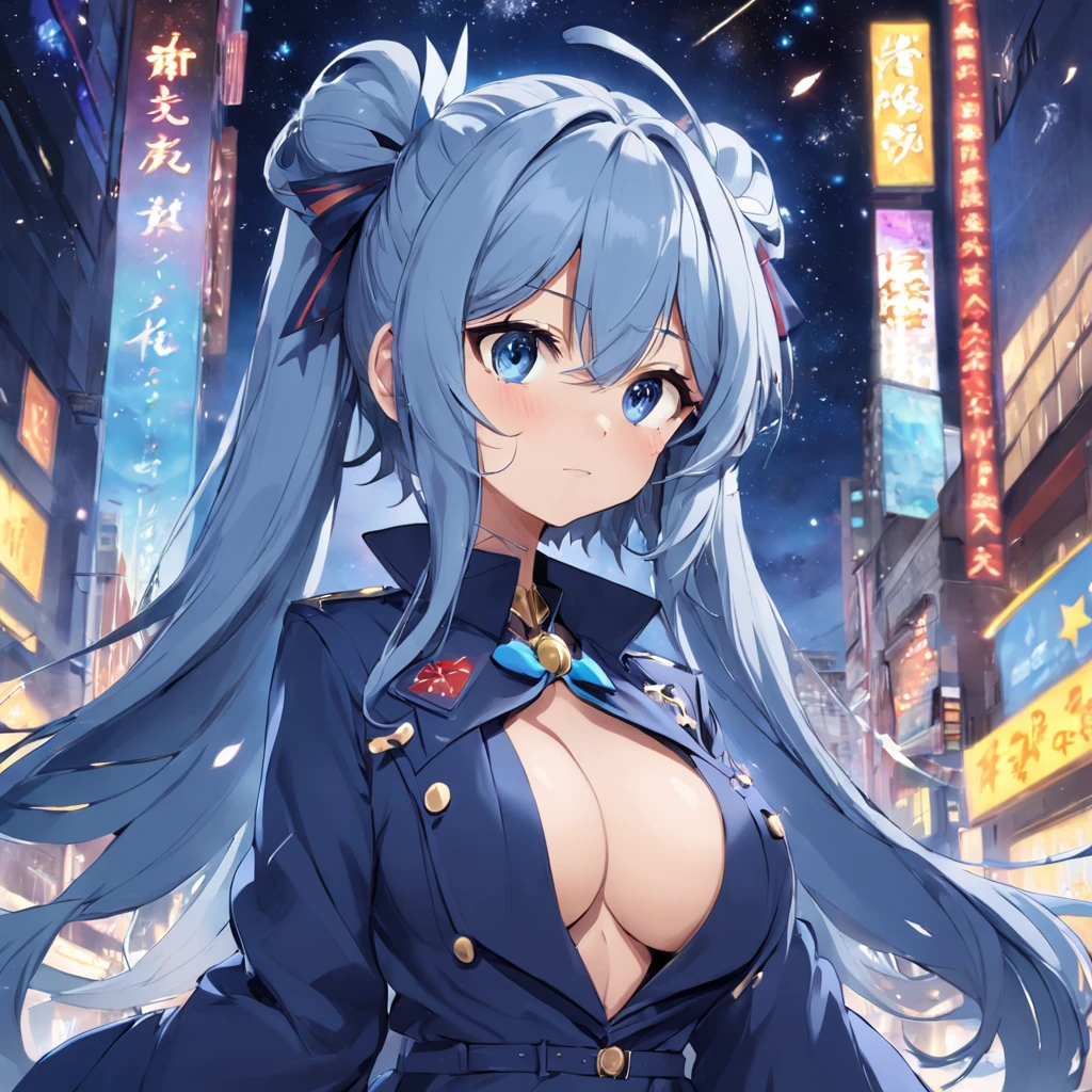 starrysky,Lori huge breasts cleavage,Blue,silber hair,dual horsetail,Bow hair ornament,Watch the fireworks,Dark blue trench coat