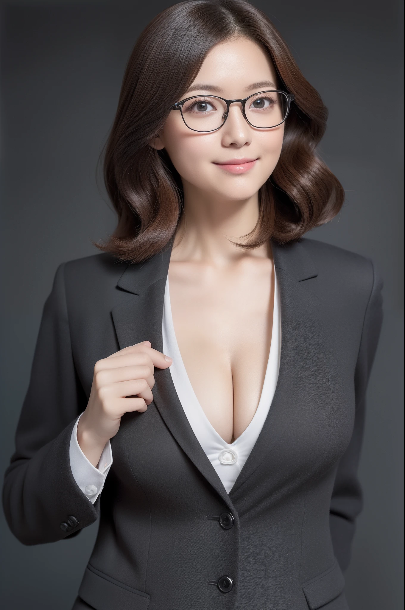 ((female teacher 、Classroom Pulpit、In front of the blackboard、Dark gray suit、a miniskirt、White blouses、Accentuate cleavage with a slouch、Red-rimmed glasses、Suck the index finger of the right hand、Wavy brown hair、bending forward、A slight smil))top-quality、masterpiece、超A high resolution、(Photorealsitic:1.5)、1girl in、Shoulder、enticing、looking in camera、Colossal tits
