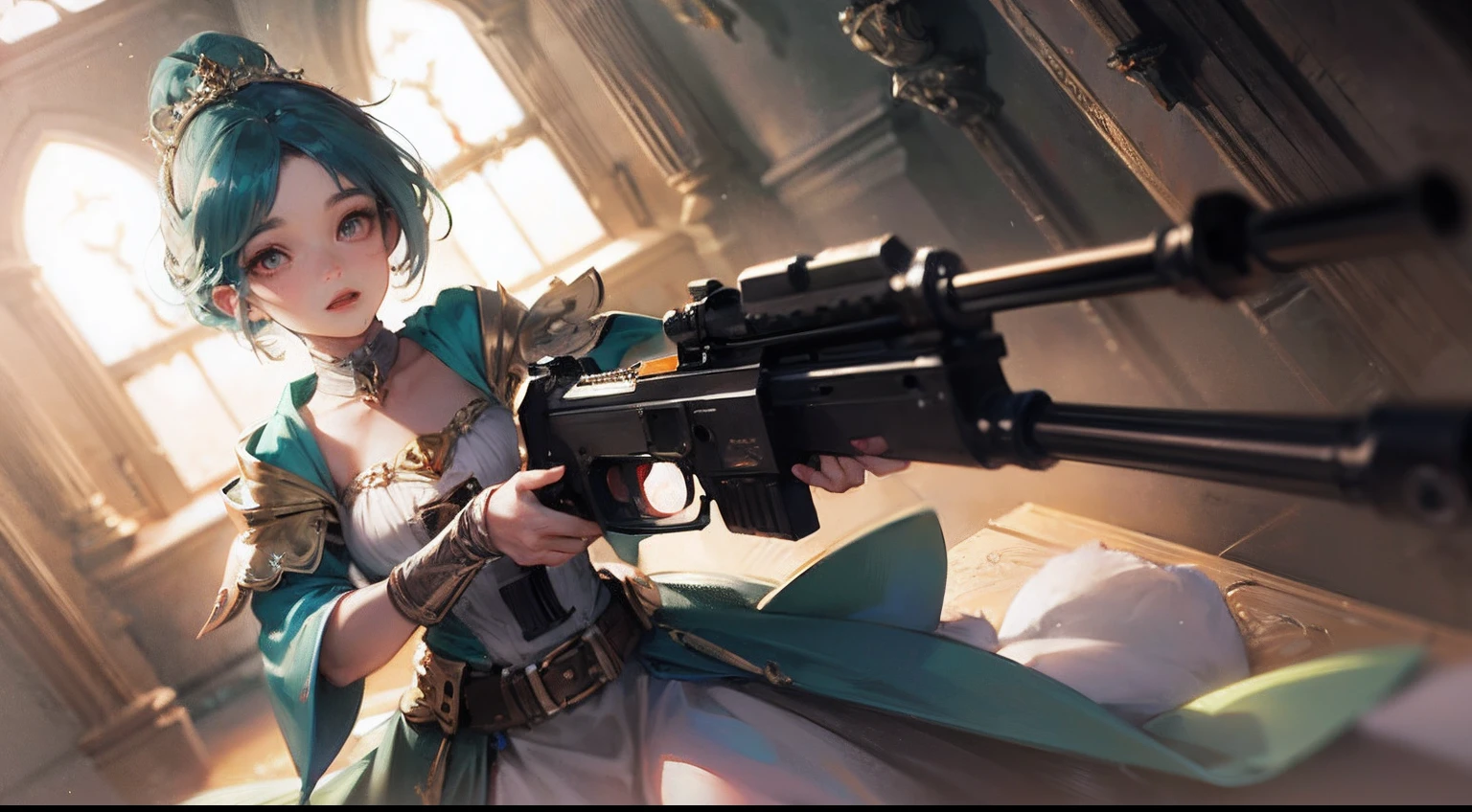 Octane Render、(Hyper-detailing: 1.15)、(Soft light、sharp: 1.2)、photoRealstic、Cute Fantasy Princess、Practice shooting small guns、