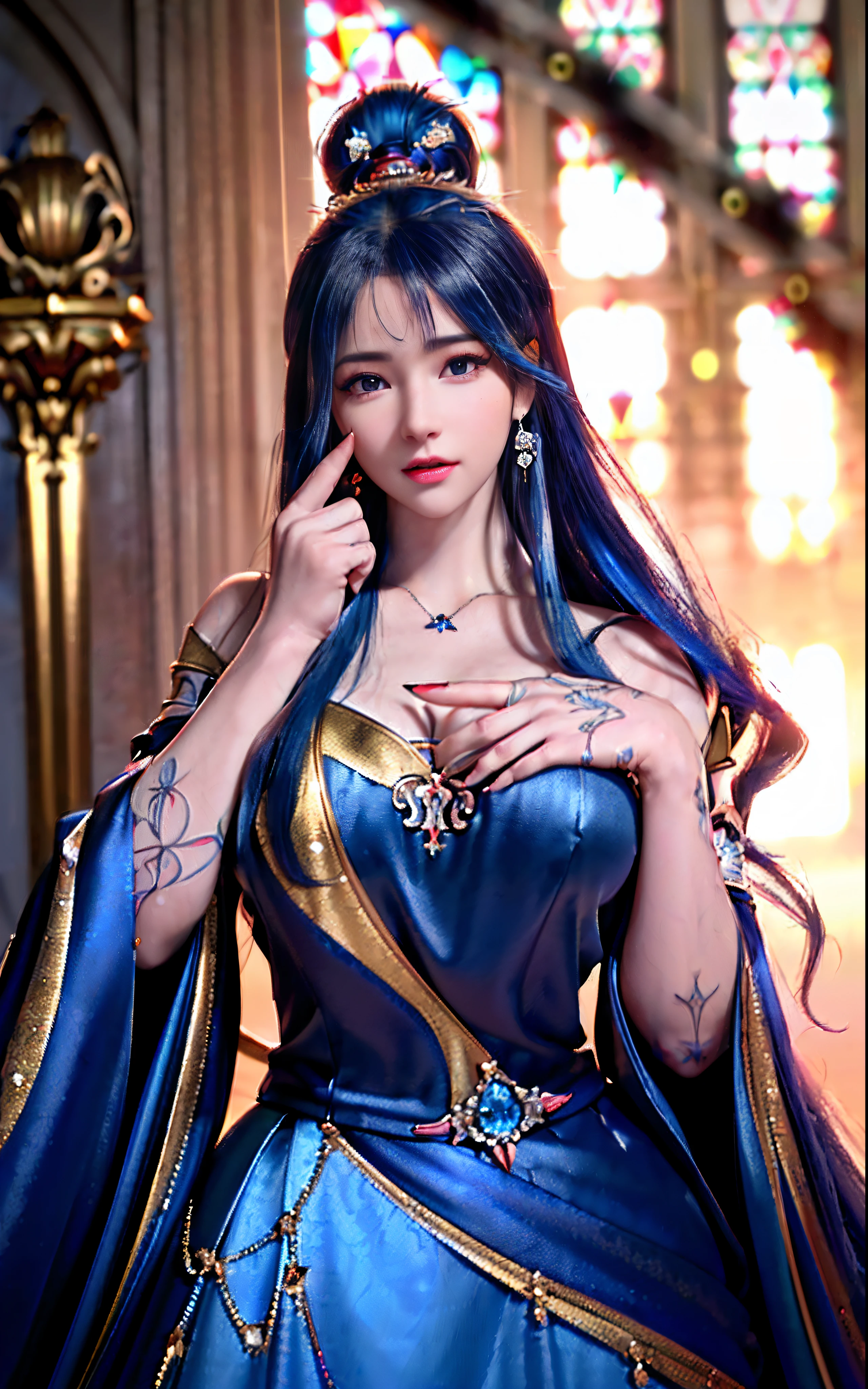 ((realisticity: 1.2)), ((realistic: 8K UHD)), ((best resolution: 8K UHD)), hyper detailed, best quality,masterpiece,highres,cg, ((1 girl hyper detailed and hyper realistic) ) , ((beautiful queen, hyper realistic and hyper detailed)),((white skin, beautiful, smooth, youthful, hyper realistic and hyper detailed )), ((Face hyper beautiful, white, hyper realistic and hyper detailed ) ), long hair, ((hyper realistic and hyper detailed dress)), solo, ((hyper realistic, hyper beautiful, beautiful and hyper detailed jewelry)), ((hyper beautiful deep red and golden yellow dress, hyper realistic and hyper detailed )) , ((Her pretty, hyper realistic, hyper detailed diamond filled earrings)), ((Her gorgeous diamond haircut, hyper realistic and hyper detailed)), ((hyper pretty upper body, hyper beautiful, hyper realistic and hyper detailed) ), ((medium breast: 1.1)), ((hyper realistic, hyper pretty, hyper detailed boobs)), ((the backgroun of the royal palace is hyper majestic, hyper realistic and hyper detailed)),((hands and palms hyper beautiful, hyper detailed, hyper realistic)), ((hyper detailed and hyper realistic fingers and fingernails)), ((hyper pretty fingernails, hyper vivid, hyper detailed, hyper realistic)), ((thumb, index finger, middle finger, ring finger, little finger hyper vivid, hyper pretty, hyper detailed, hyper realistic)), ((hyper beautiful fingers, hyper detailed, and hyper realistic)), ((posture not too fat and not too thin, hyper realistic, hyper detail)), ((hyper pretty, hyper pretty, hyper realistic and hyper detailed hair bun)), ((hyper pretty , hyper realistic and hyper detailed blue hair)), candid, Photo, high resolution, 8k , bokeh,