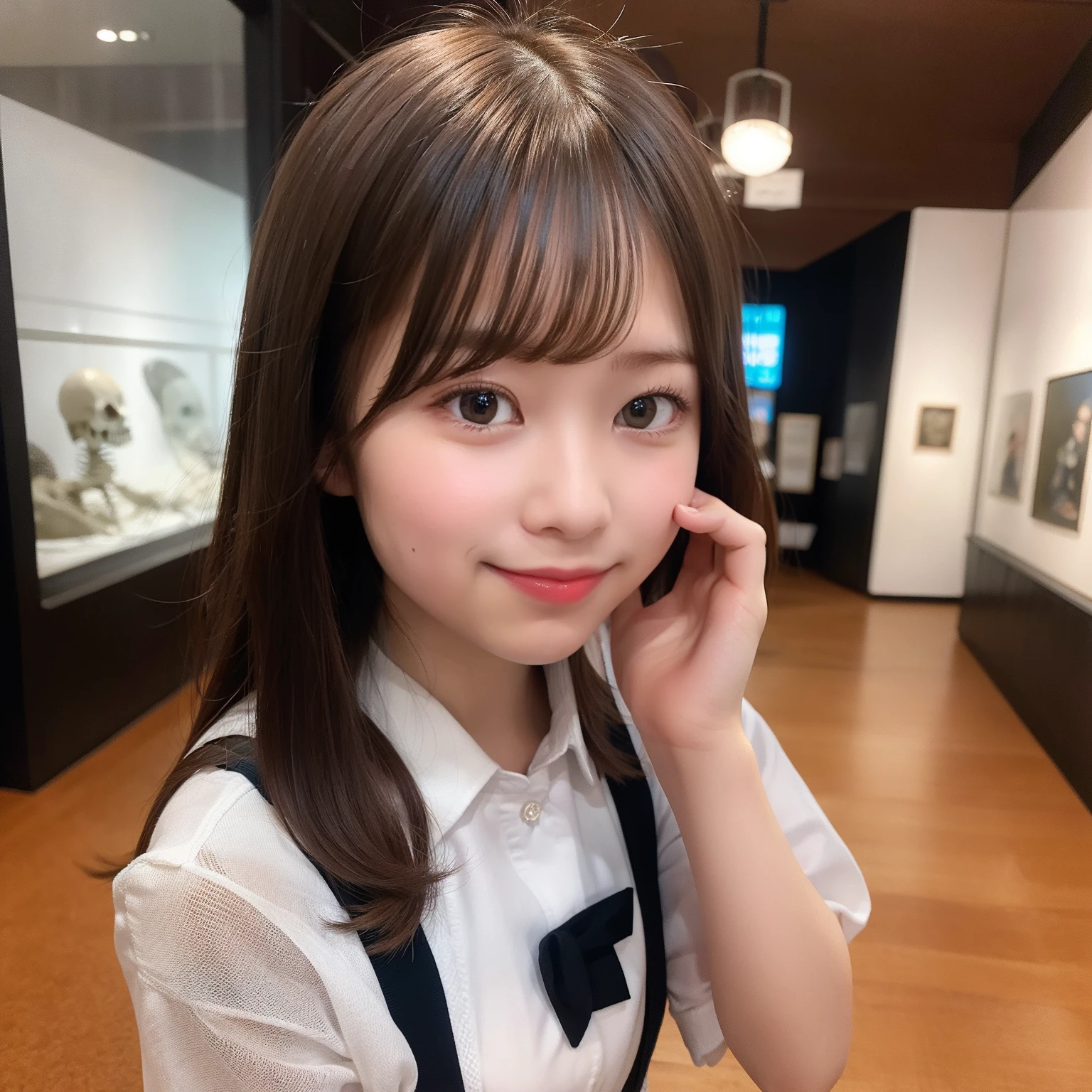 Shark skeleton。eats。High school girl in uniform。Museum Exhibits。Caving。Happy smile。cute little。a beauty girl。