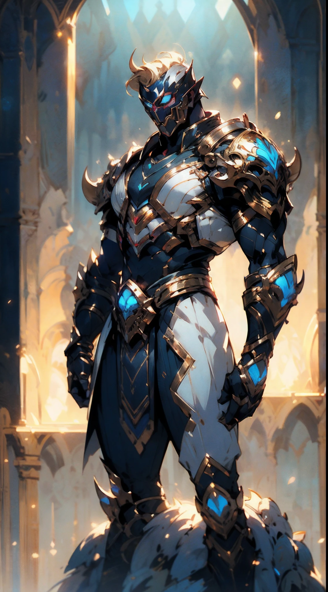 A man with short blond hair, wearing a mask designed like a beetle, a base undershirt primarily white with golden stripes, topped with a chest plate in indigo blue designed to resemble insects, his arms and legs are similarly armored, this character embodies a finely crafted fantasy-style masked light armor warrior design in anime, characterized by a sophisticated and mature manga art style, ((character concept art)), full body character drawing, high definition, best quality, ultra-detailed, extremely delicate, anatomically correct, symmetrical face, extremely detailed eyes and face, high quality eyes, creativity, RAW photo, UHD, 16k, (Natural light, cinematic lighting, masterpiece:1.5)