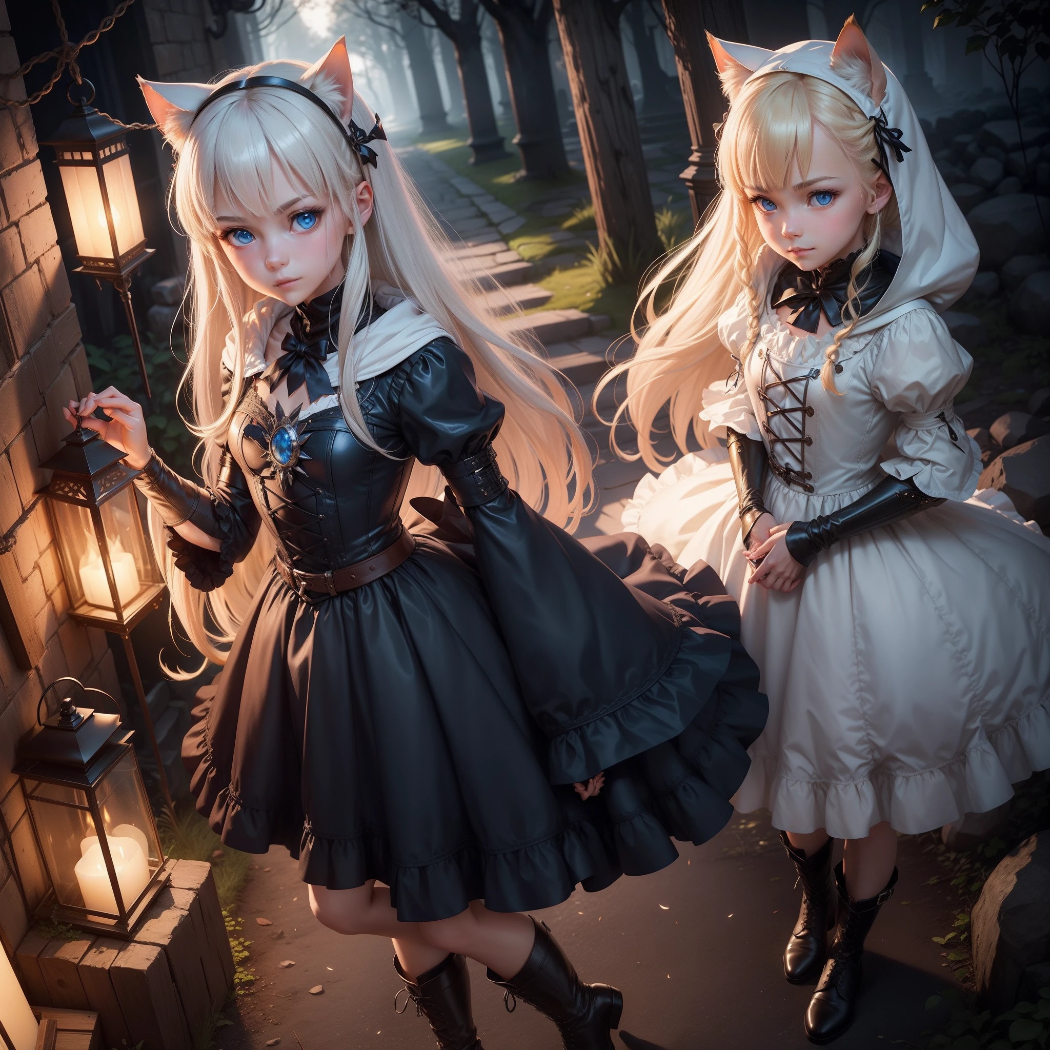 2023/08/26 18:37:29 Best Image Quality、masterpiece、Leyendecker's style、Fantasy 3D、The underground maze of the old castle、Nordic beautiful girl、Half eye、Blue eyes、Smirking expression、Pretty small face、Light makeup、Two cat ears on the head、Platinum blonde short hair、tiny chest、short waist、The upper part of the body、Staring at the blue light of your fingertips、alchemist、Full body like、Gothic dress with long sleeves、long skirt、Leather boots、A faceless figure wearing a hood is standing、holding lantern、There are many glowing spheres、rubble、thirds rule、Ultra-wide low-angle、in woods、Bonfire lights