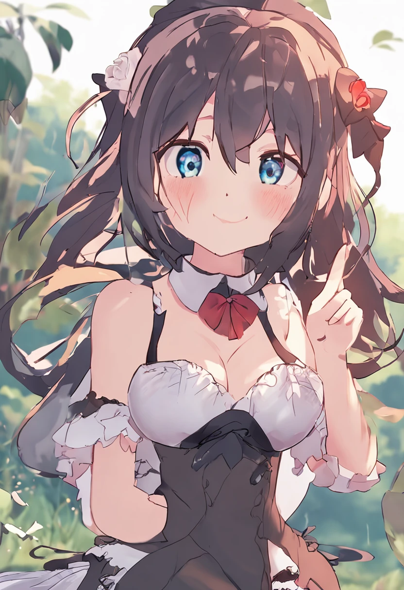 masterpiece, best quality, night, in a meadow, arms up, armpits, mesugaki, maid, very long hair, light blush, longeyelashes, eyeball, heart-shaped pupils, :p, smug, smirk, nose blush , shy, blush, embarrassed , seductive smile, heart-shaped eyes, breasts, huge breasts, bare_shoulders, barefoot, bare_legs, socks removed, panties under pantyhose, torn legwear, leg_lift, bent_over