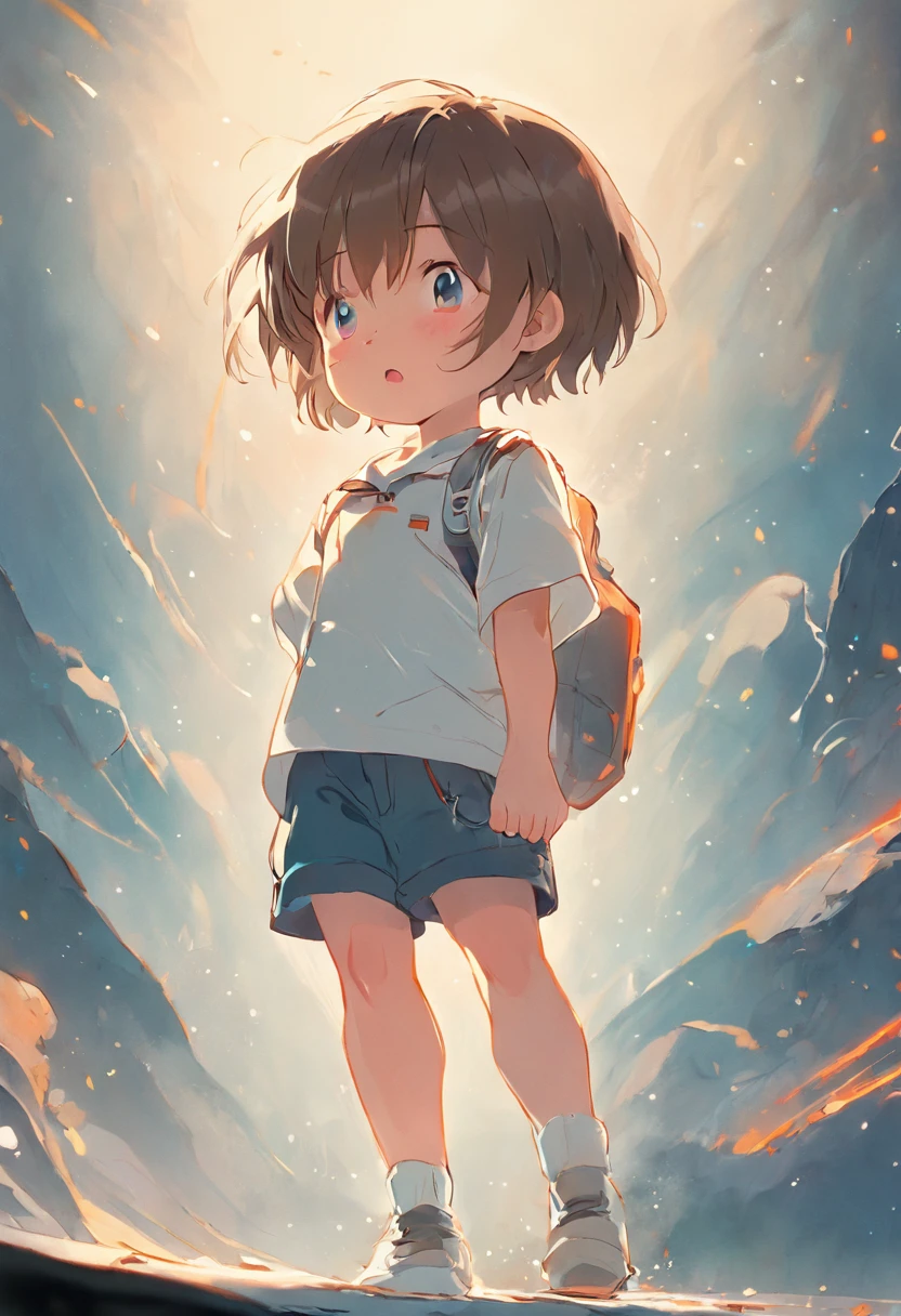  astronaut, various poses and expressions, Children's book illustration style, Simple, Cute, colours, Short brown hair, solidcolor, White short-sleeved shirt, denim shorts no belt, No hat, without book, No glasses, No backpack, for 6 years ground whites