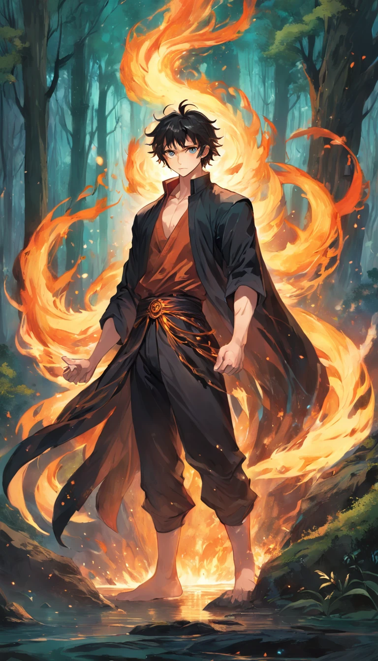 Amidst an ancient and overgrown forest, the essence of magic takes form through a young man, his hair as dark as the shadows and his eyes a radiant golden blaze. A mystical mark graces his neck, shimmering with latent power. Within a clearing, he stands engulfed in a cascading torrent of flames, the fire's heat tempered by an otherworldly energy. As the magical fire spirals and dances, it conjures a swirling dance of luminous particles, each a fragment of his ethereal aura. Arcane symbols materialize in midair, their glow casting an eerie light on his intense focus. The scene exudes a sense of ancient power and hidden knowledge, as if the woods themselves are alive with long-forgotten secrets. The mood is one of serene intensity, where the balance of nature and magic intertwine. The illustration style captures this mystical aura through detailed digital artistry, combining intricate linework with vibrant color palettes. --ar 16:9 --v 5