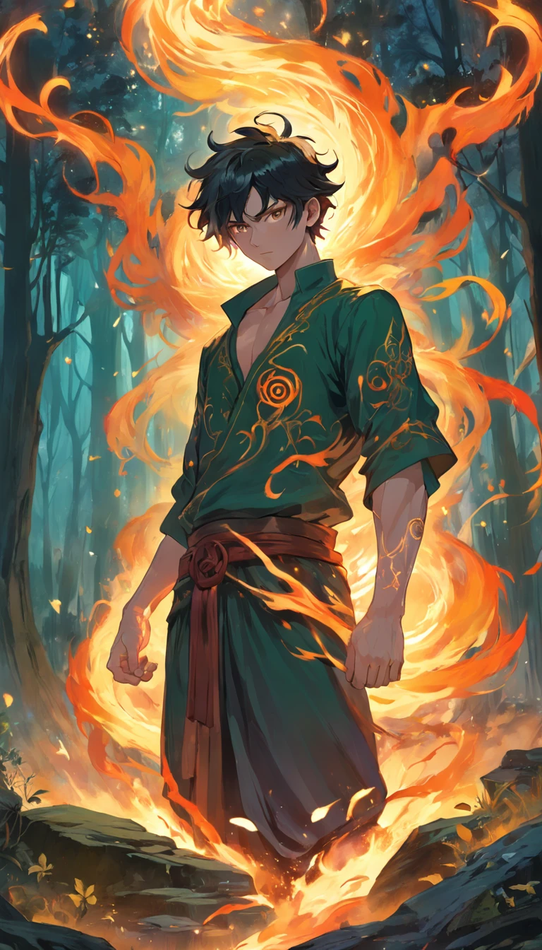 Amidst an ancient and overgrown forest, the essence of magic takes form through a young man, his hair as dark as the shadows and his eyes a radiant golden blaze. A mystical mark graces his neck, shimmering with latent power. Within a clearing, he stands engulfed in a cascading torrent of flames, the fire's heat tempered by an otherworldly energy. As the magical fire spirals and dances, it conjures a swirling dance of luminous particles, each a fragment of his ethereal aura. Arcane symbols materialize in midair, their glow casting an eerie light on his intense focus. The scene exudes a sense of ancient power and hidden knowledge, as if the woods themselves are alive with long-forgotten secrets. The mood is one of serene intensity, where the balance of nature and magic intertwine. The illustration style captures this mystical aura through detailed digital artistry, combining intricate linework with vibrant color palettes. --ar 16:9 --v 5