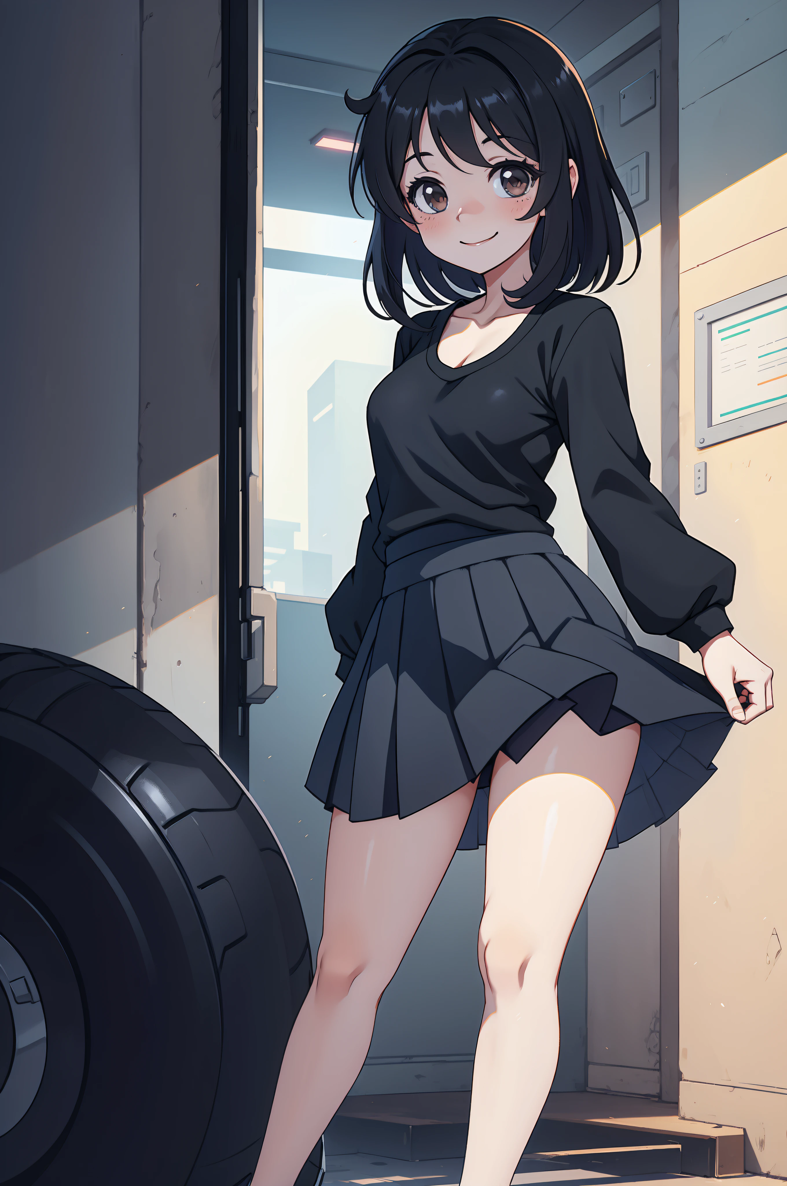 Anime girl in a short skirt standing in front of a door - SeaArt AI